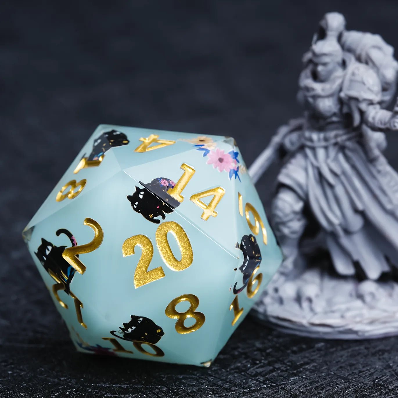 Giant D20 Dice (Black Cat Gold Lettering) 35mm Resin RPG Monster Dice - Bear Dice