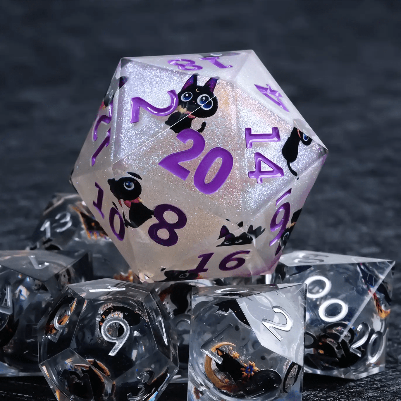 Giant D20 Dice (Purple Numbers) Black Cat Resin 35mm RPG Dice - Bear Dice
