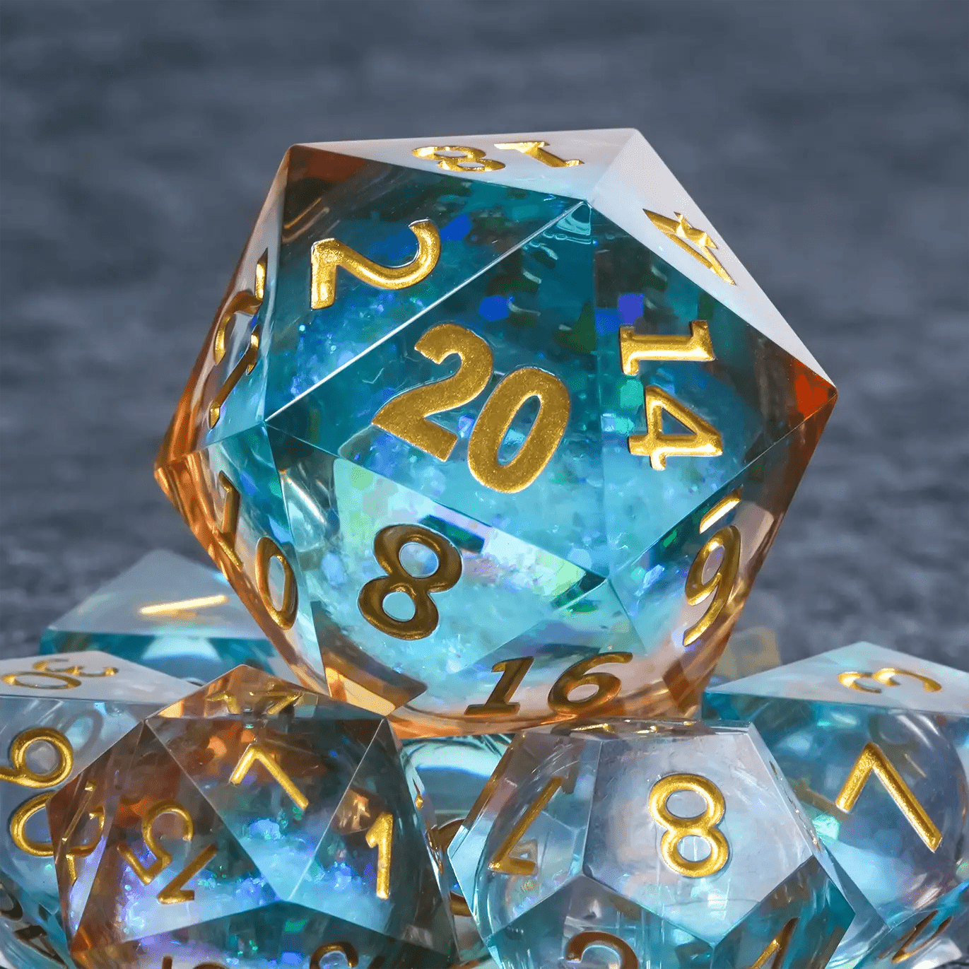 Giant D20 dice (transparent blue gold lettering) 35 resin RPG dice - Bear Dice