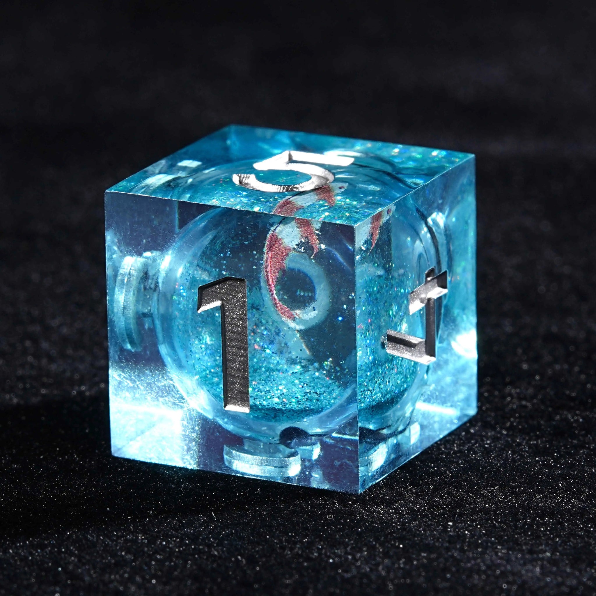 Goldfish Genie - Blue Liquid Core Resin dnd Dice Set + Silver Numbers - Bear Dice