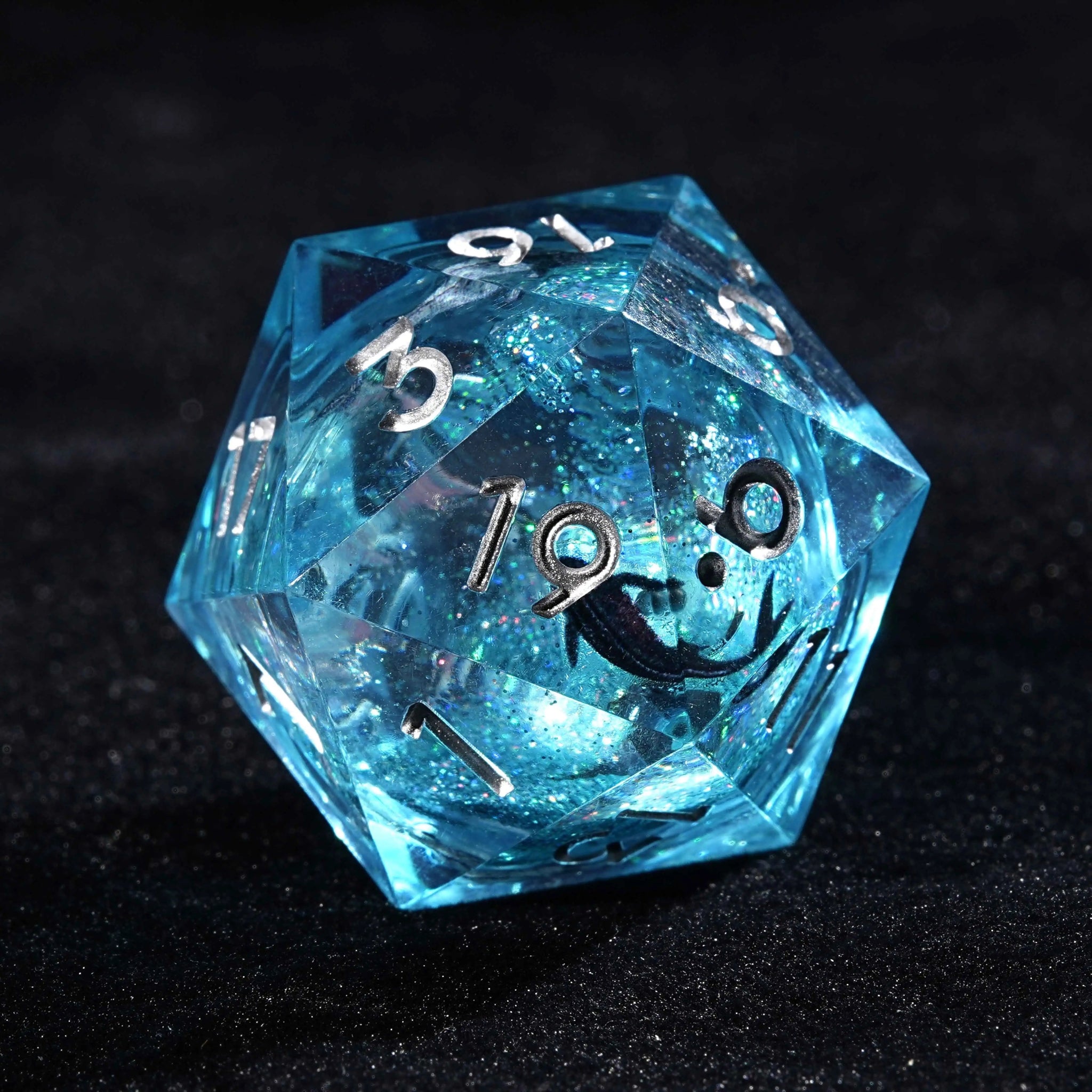 Goldfish Genie - Blue Liquid Core Resin dnd Dice Set + Silver Numbers - Bear Dice