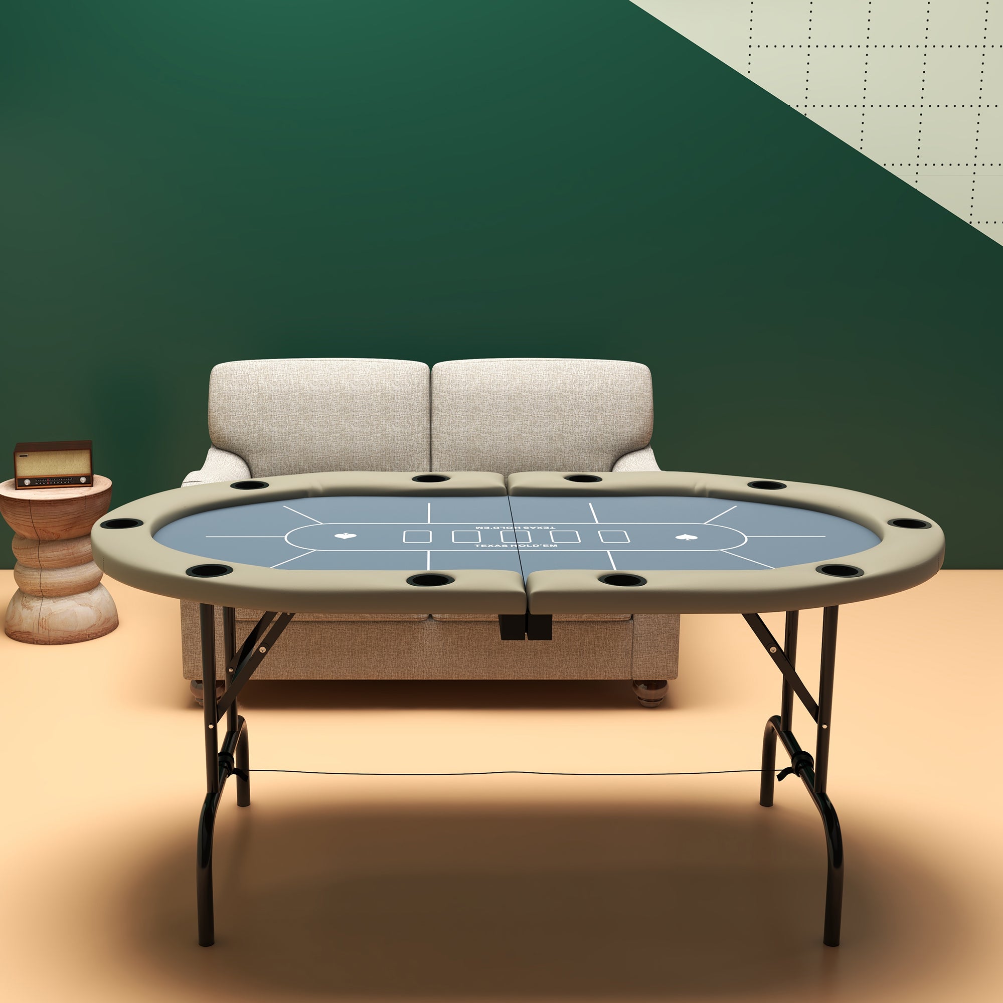 Gray 70-Inch Oval Foldable Poker Table with Four Players Enjoying Texas Holdem Game Night |Bear Dice