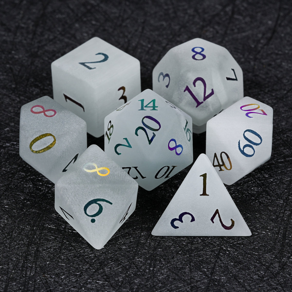 Gray frosted gemstone dice set with electroplated numbers, featuring D4, D6, D8, D10, D100, D12, and D20 dice arranged together.