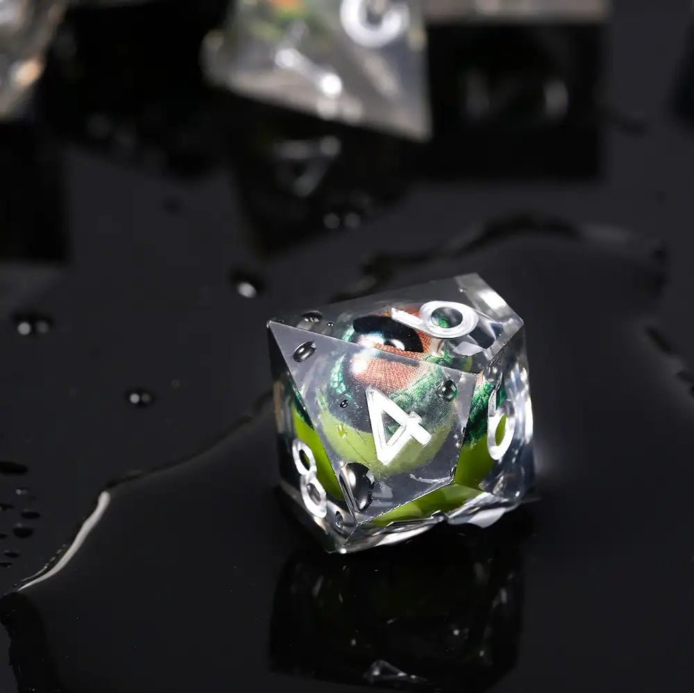 Green Crocodile Eye Core Resin DND Dice Set + Silver Font Transparency - Bear Dice
