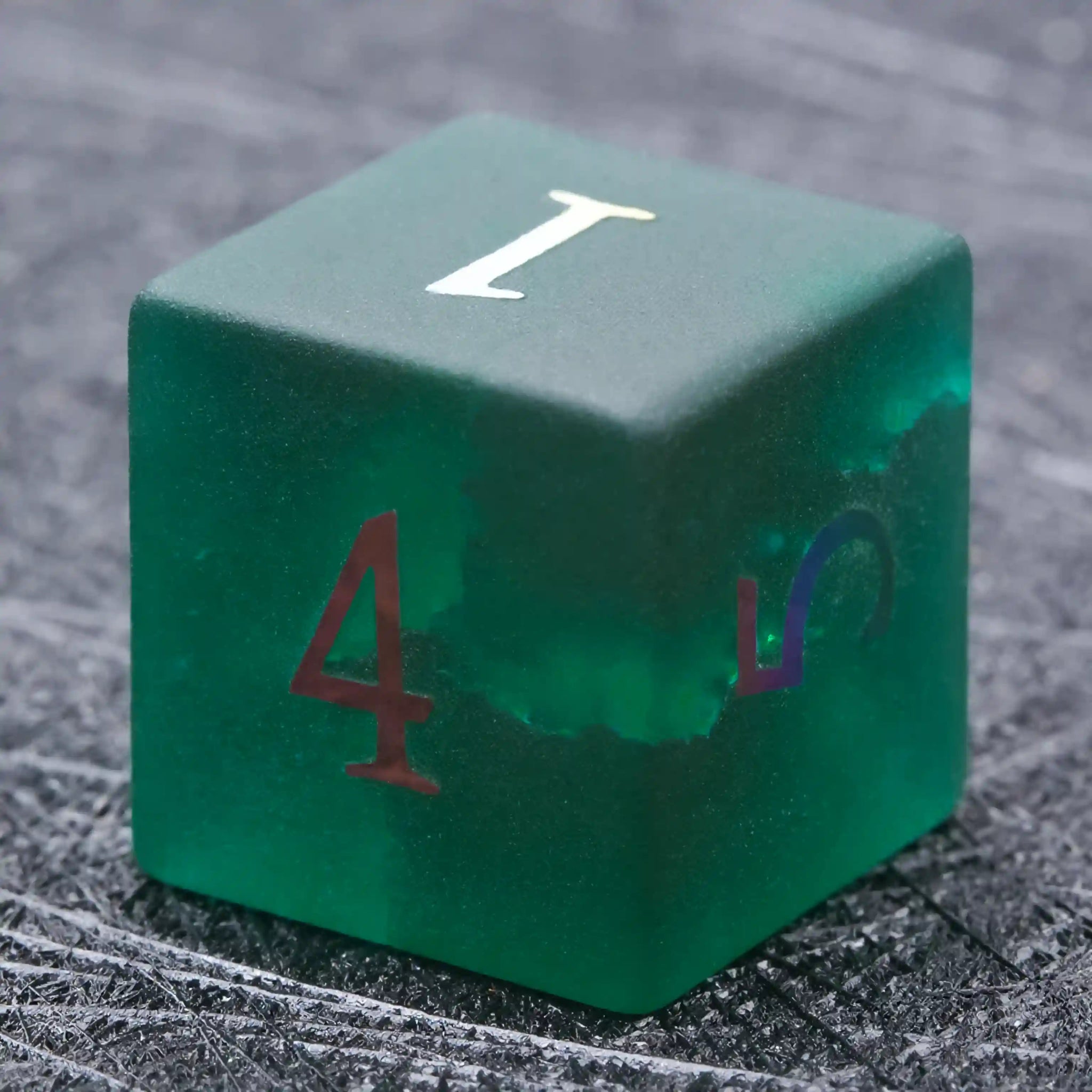 Green Glass Frosted Gem DND Dice Set + Colored Fonts - Bear Dice