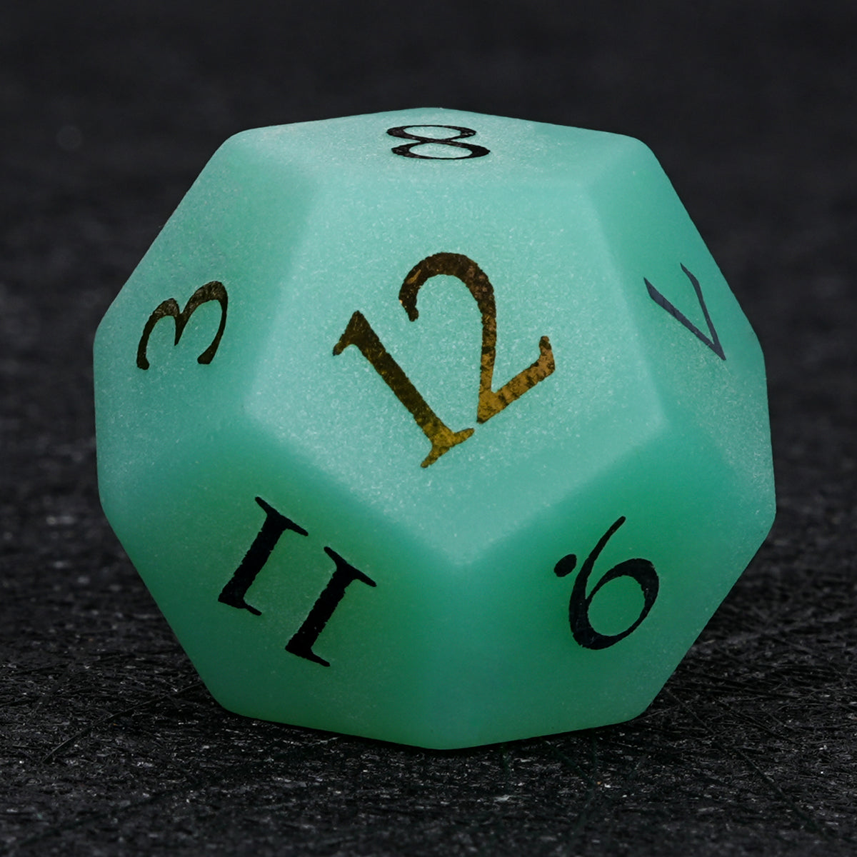 Mint green opal D12 dice with colorful numbers - Bear Dice