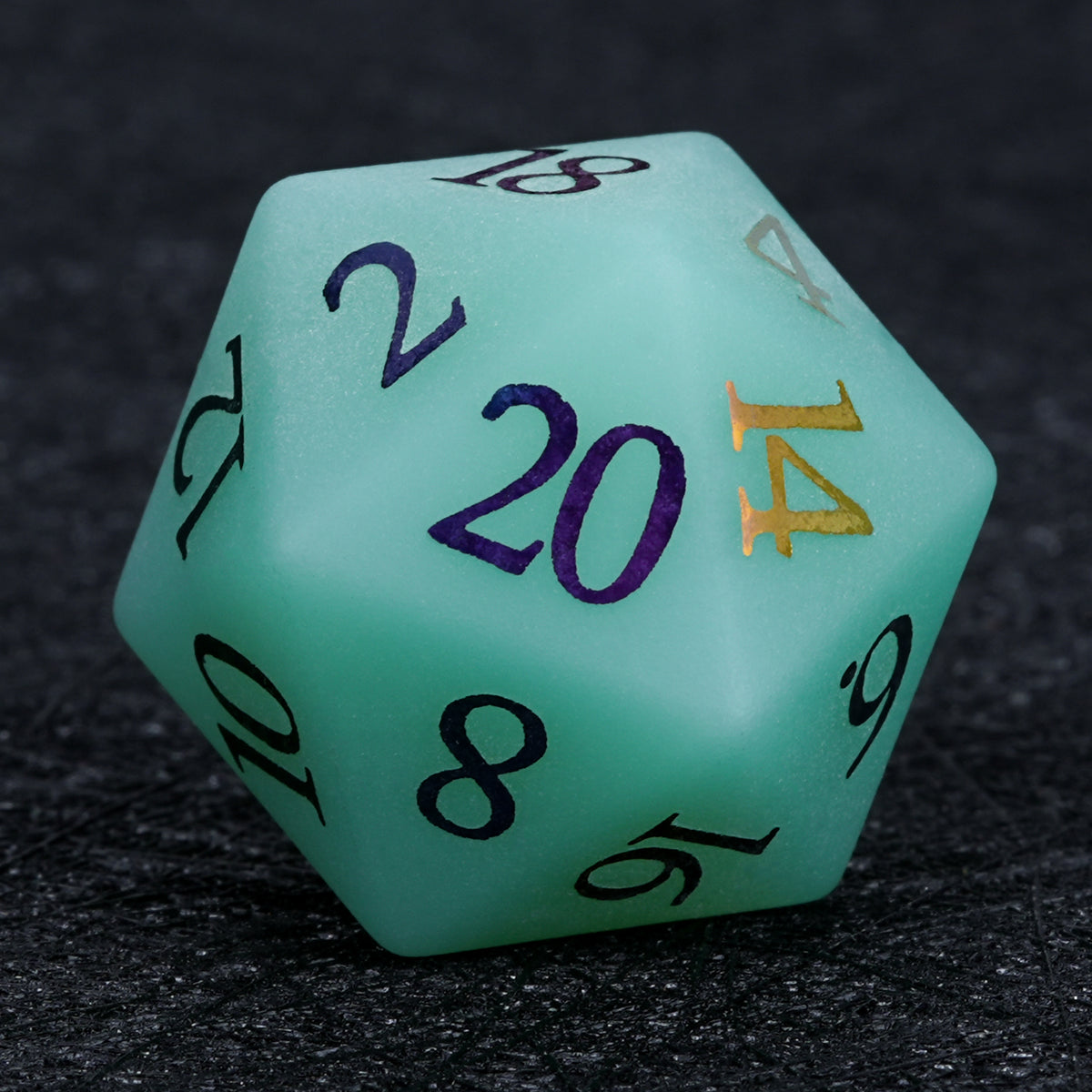 int green opal D20 dice with colorful numbers, close-up view - Bear Dice