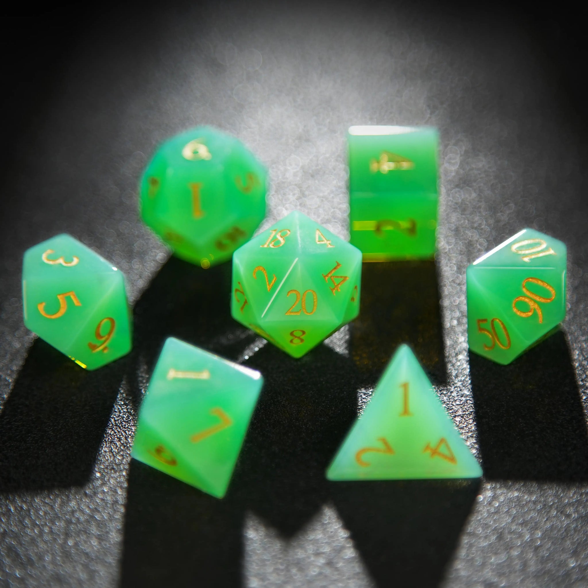 Green Opal D&D Gemstone Dice Set + Gold Numbers - Bear Dice