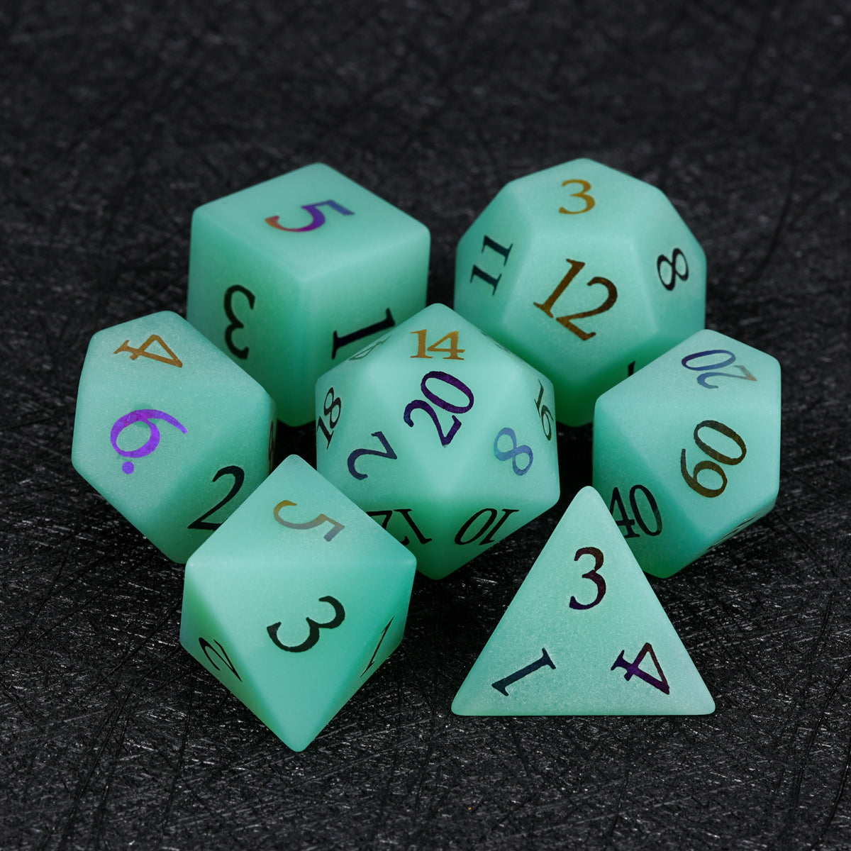 Mint green opal 7-piece dice set with colorful numbers, including D4, D6, D8, D10, D100, D12 and D20 - Bear Dice