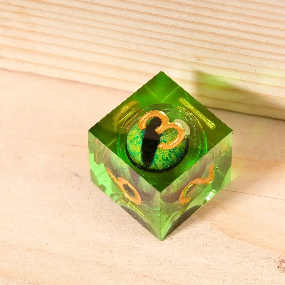 Green Sharp Edge Liquid Core Dragon Eye Resin DND Dice Set + Gold Font - Bear Dice