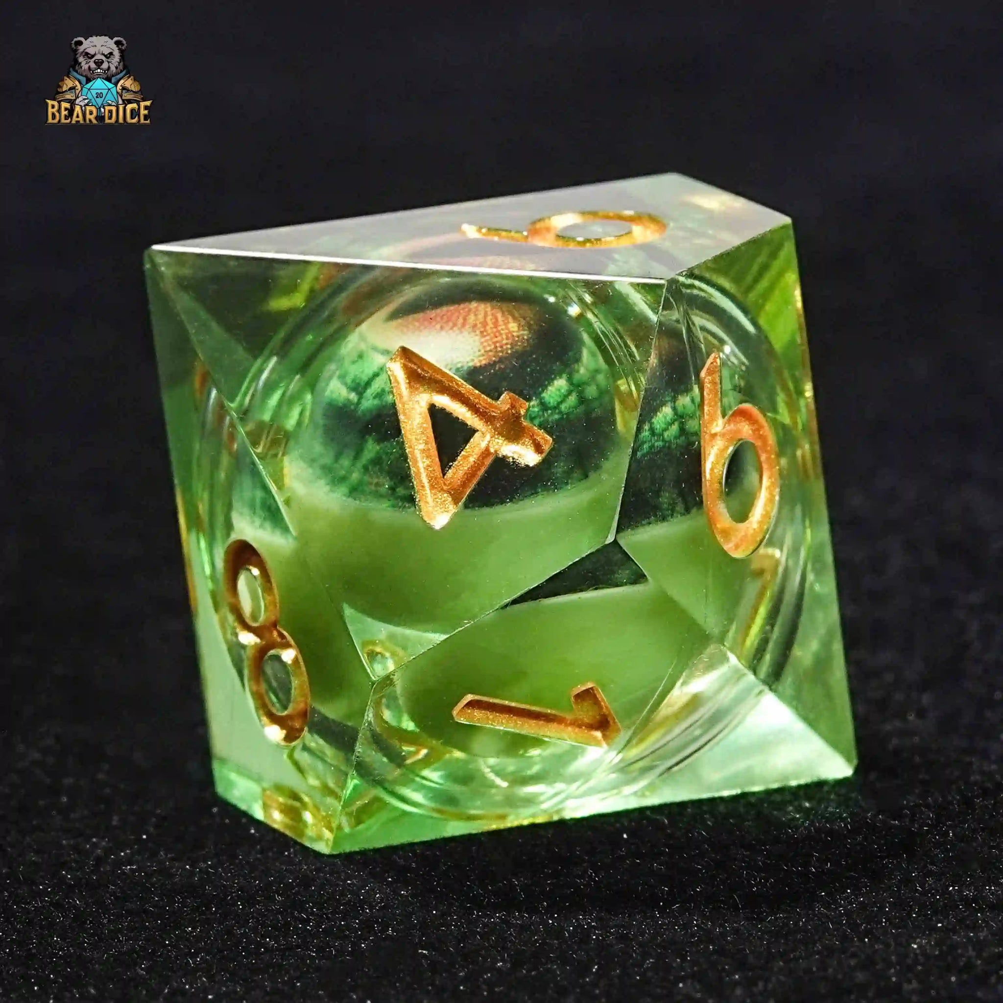 Green transparent resin D10 dice - crocodile eye liquid core ten - sided dice - Bear Dice