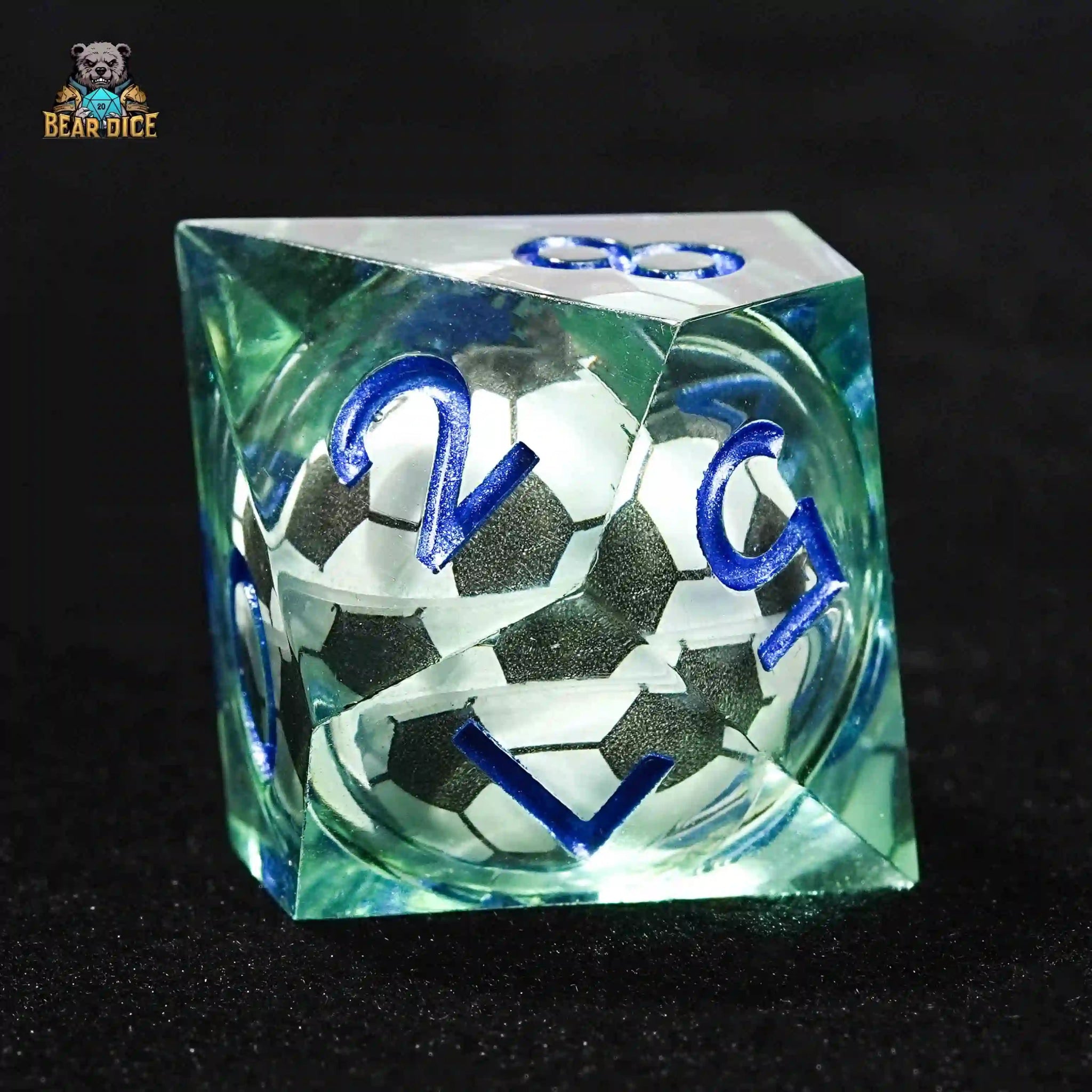 Green transparent resin D10 dice: liquid core soccer ball 10 sided dice - Bear Dice