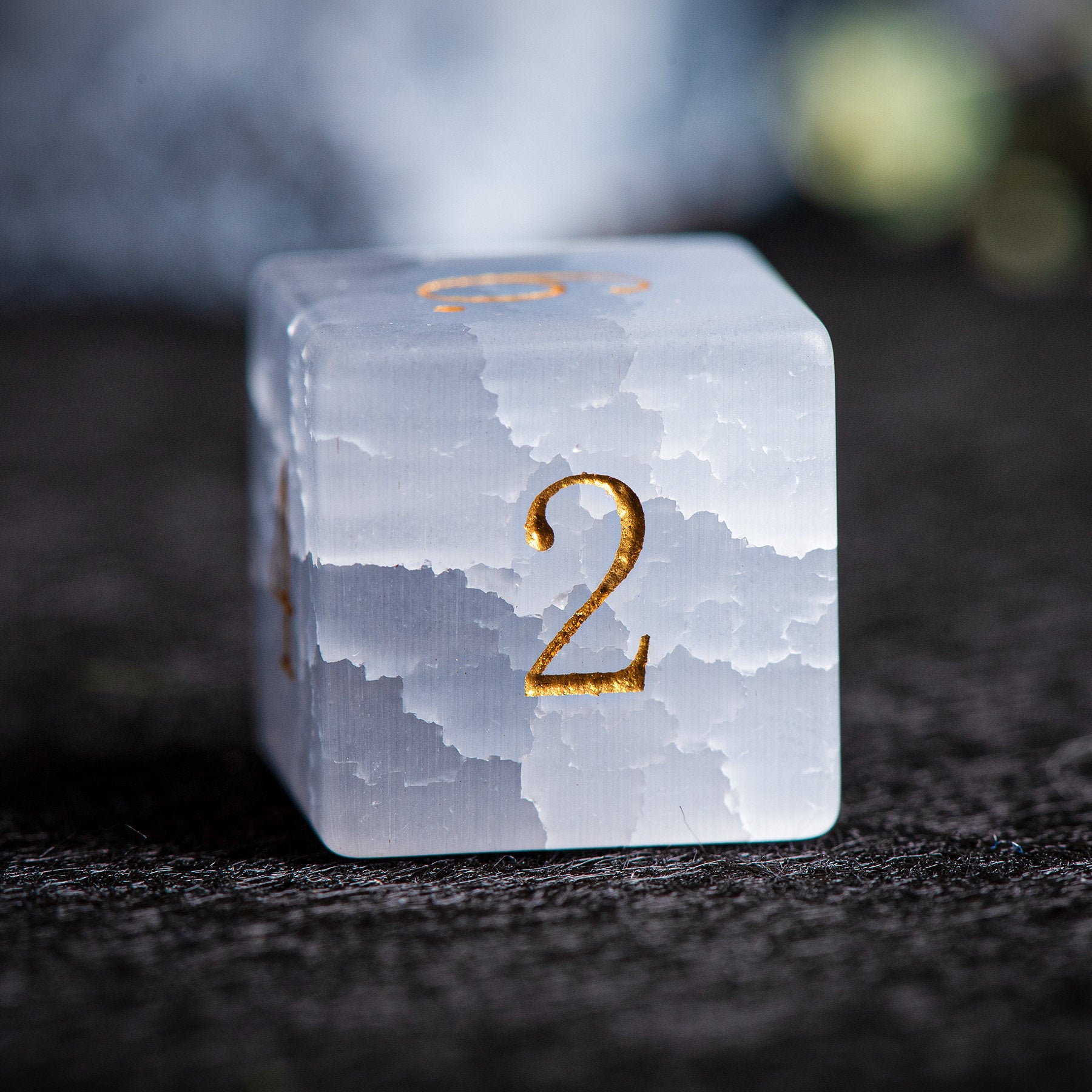 Grey-White Cat's Eye gemstone dice D6 with matte satin finish and gold engraved numeral | Bear Dice