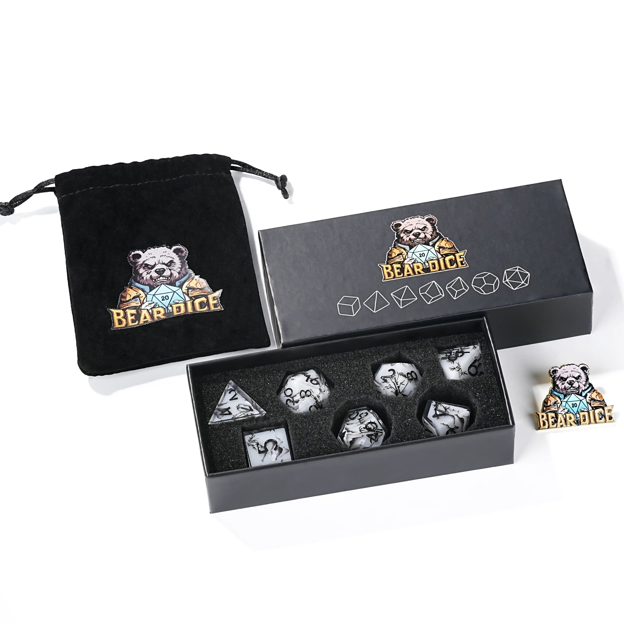 Handmade Ink Painting Style Resin D&D Dice Set - Bear Dice