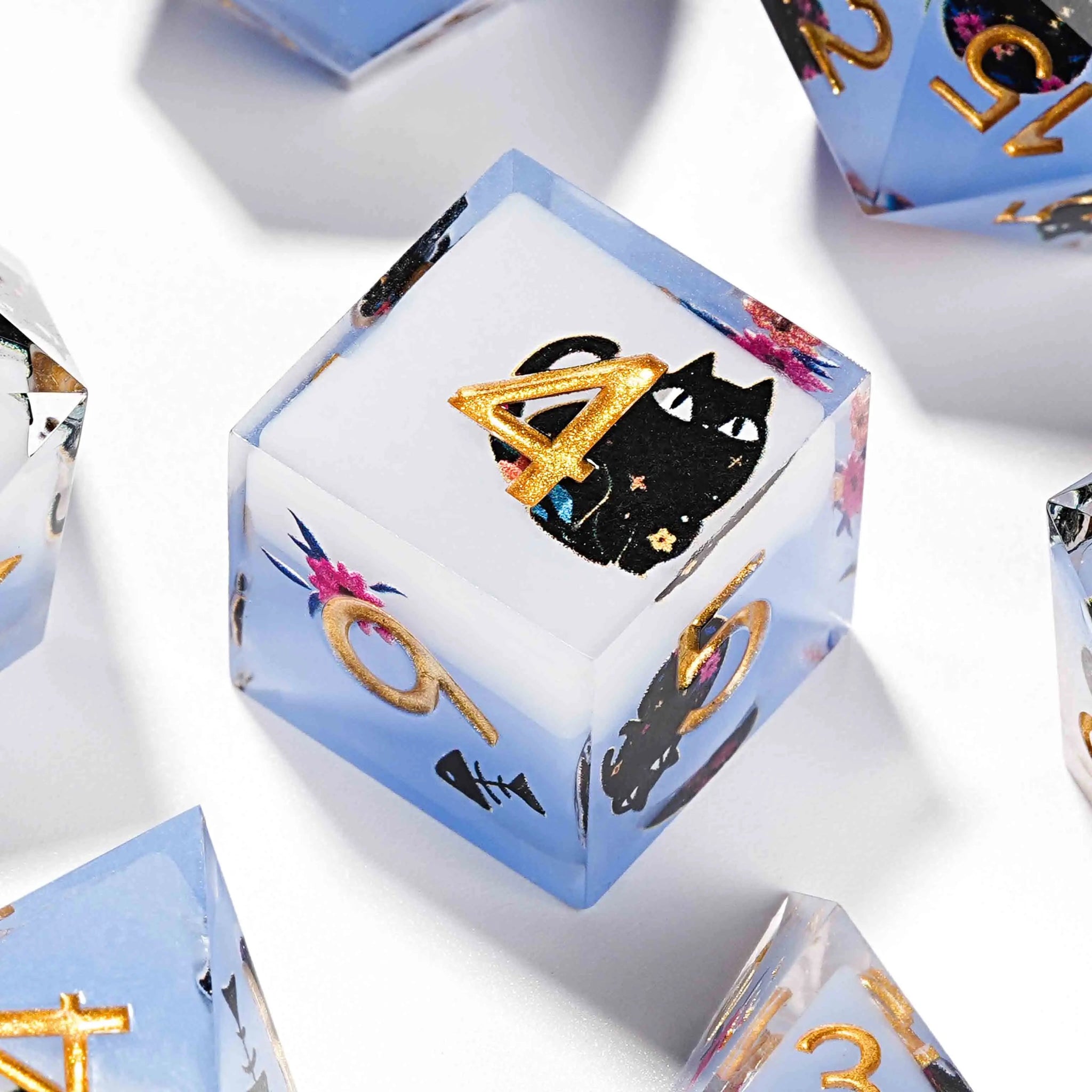 Handmade unique dice sets: Egyptian Pharaoh's black cat flower resin edge sharp dnd dice + gold font - Bear Dice