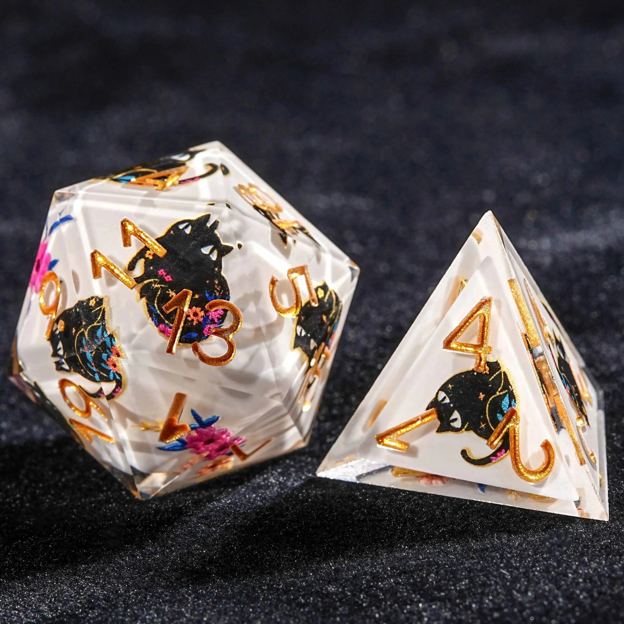 Handmade unique dice sets: Egyptian Pharaoh's black cat flower resin edge sharp dnd dice + gold font - Bear Dice