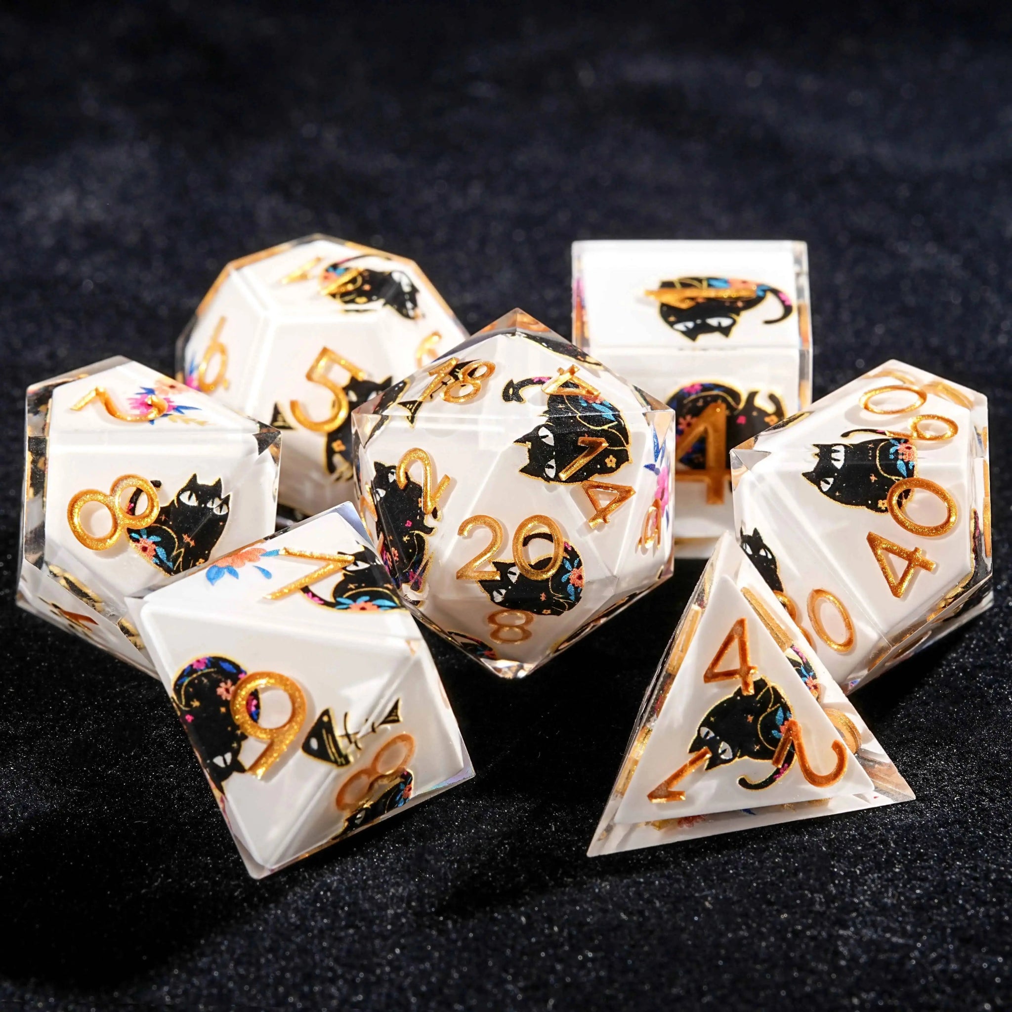 Handmade unique dice sets: Egyptian Pharaoh's black cat flower resin edge sharp dnd dice + gold font - Bear Dice