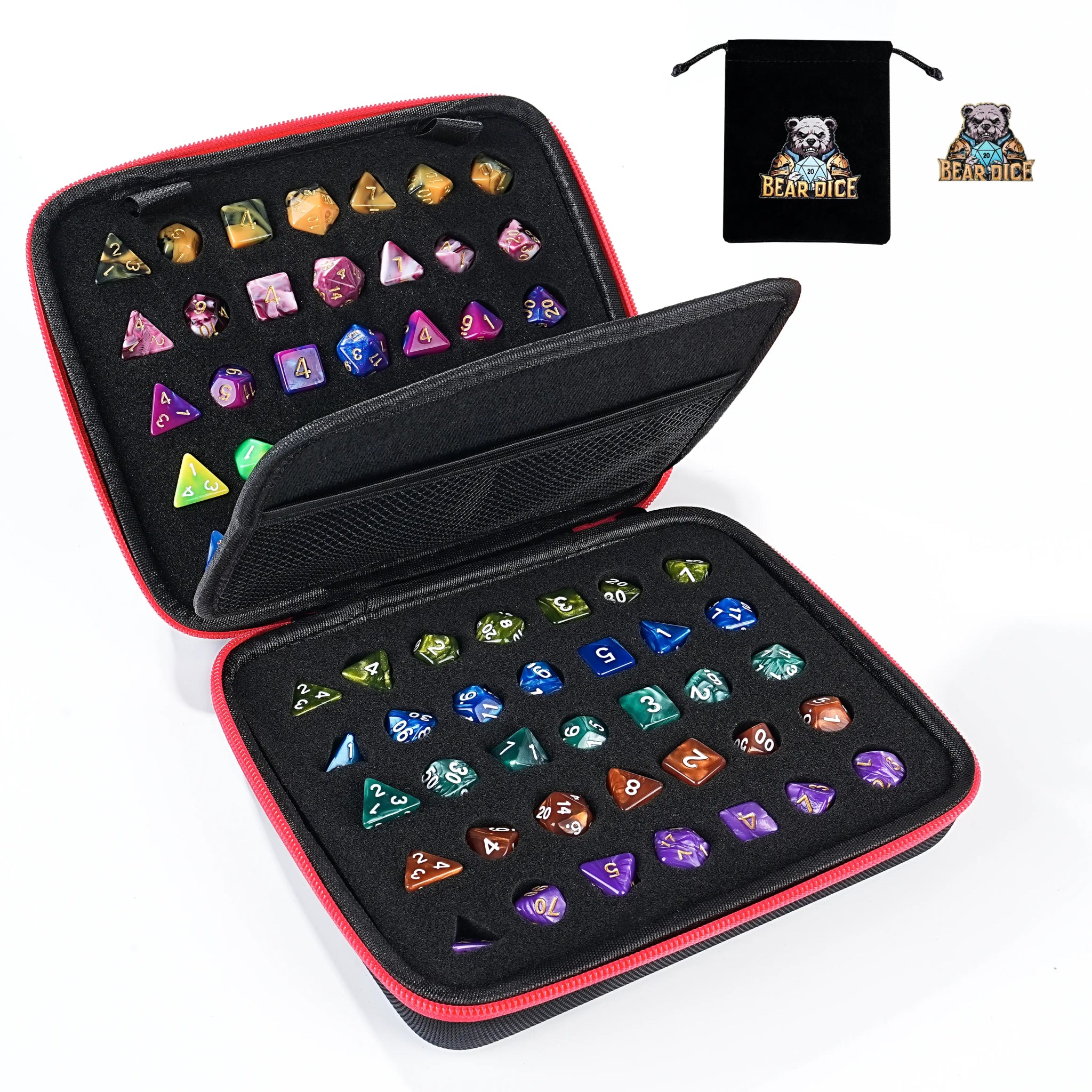 10-Set Acrylic DND Dice Zippered Dice Case, Includes a Bear Dice Logo Badge and a Black Drawstring Velvet Bag | Bear Dice