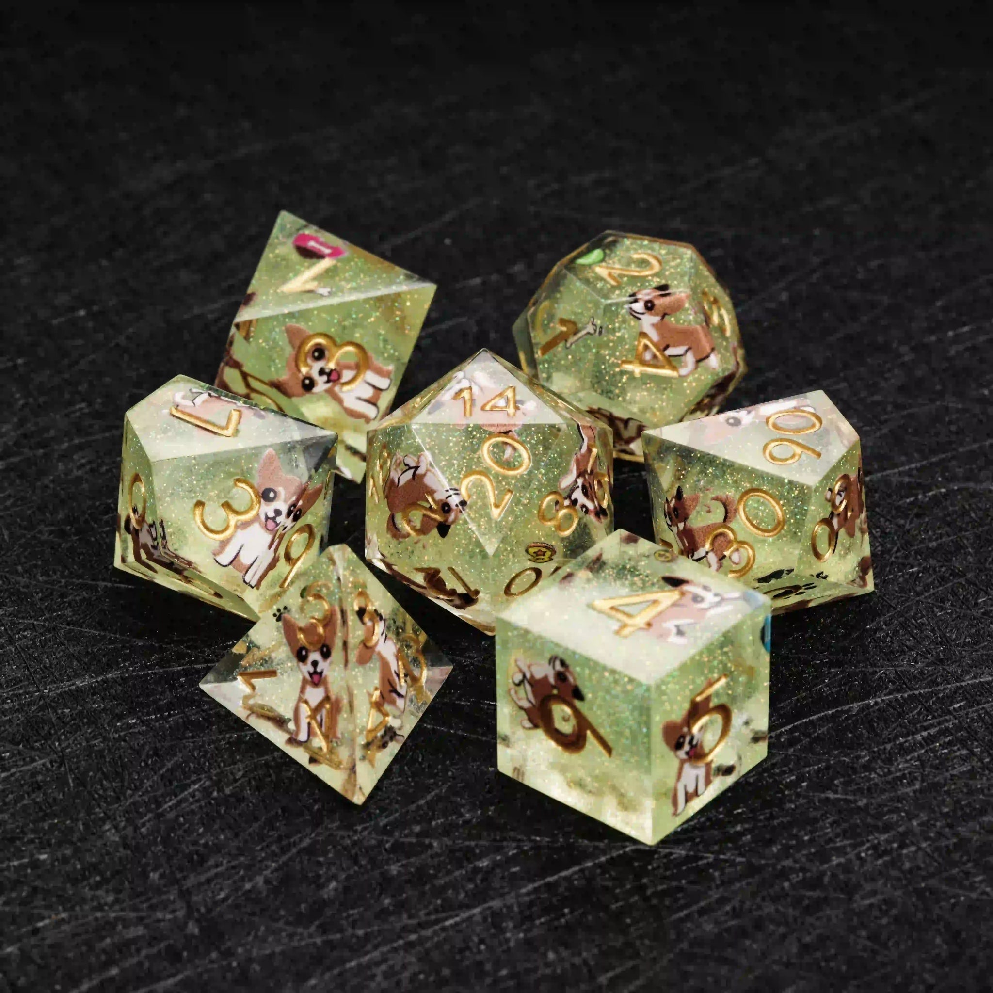 Kickstarter Dice – Sharp-Edged Green Glitter Resin Chihuahua DND Dice Set | Bear Dice