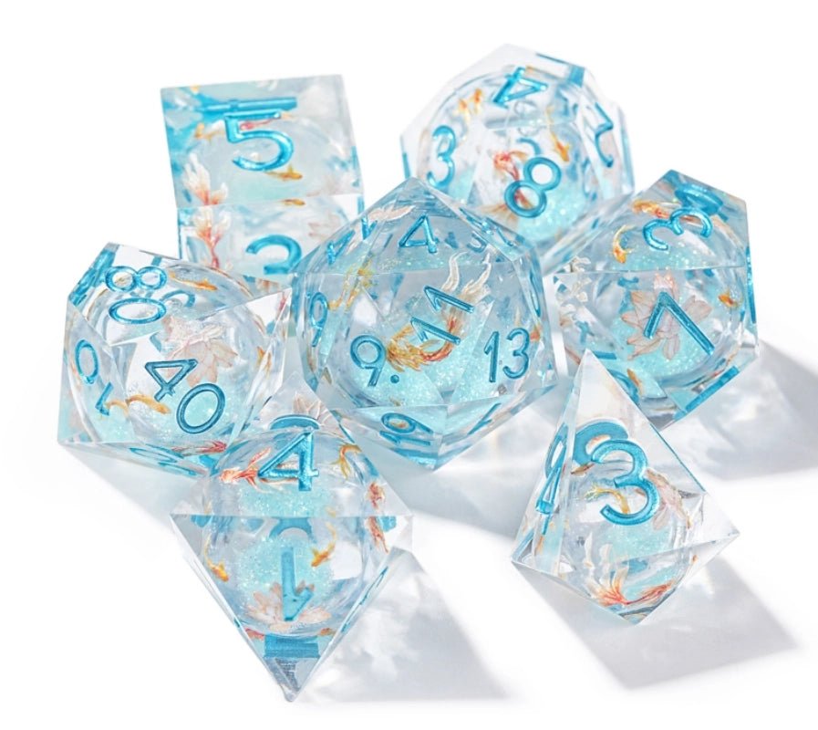 Ice Blue Koi Liquid Core Resin RPG Dice Set - Bear Dice