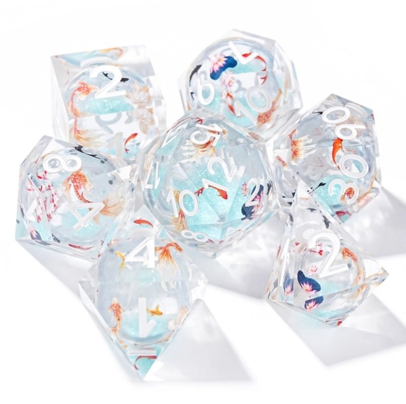 Ice Blue Koi Liquid Core Resin RPG Dice Set - Bear Dice