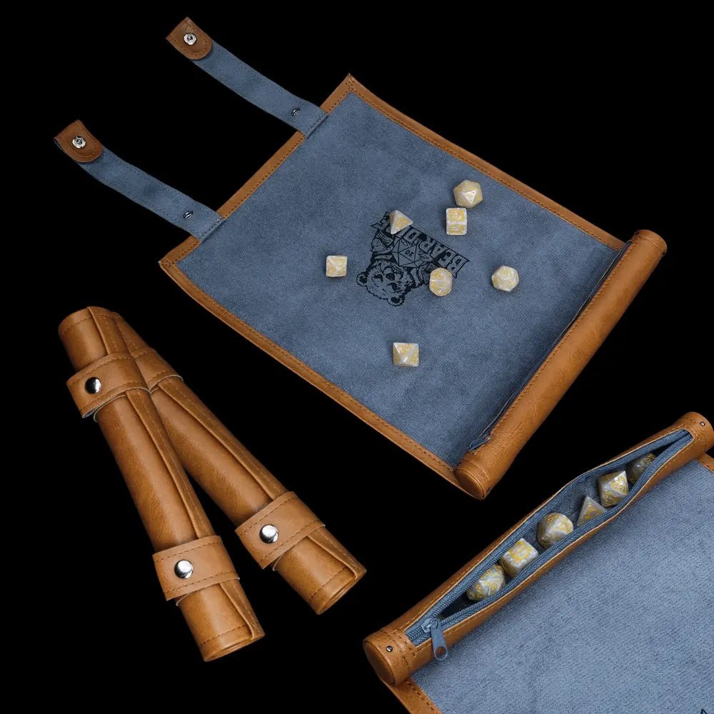 Integrated brown leather pad tray scroll DND dice box for Dungeons & Dragons, DND gifts, Pathfinder, dice accessories - Bear Dice