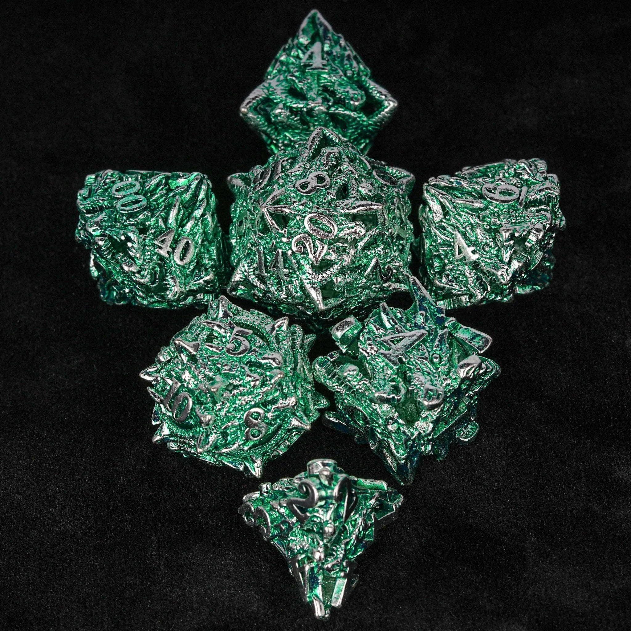 Irregular Skeleton Metal Dragon Polyhedron DND Dice Set + Silver Green - Bear Dice