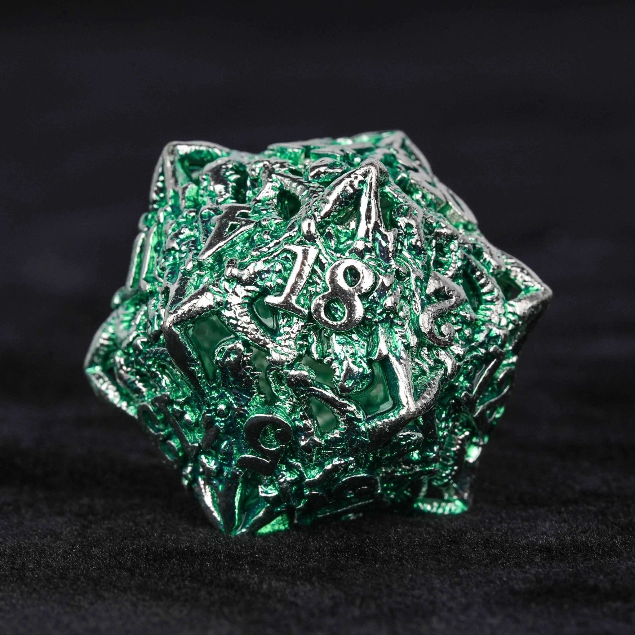 Irregular Skeleton Metal Dragon Polyhedron DND Dice Set + Silver Green - Bear Dice