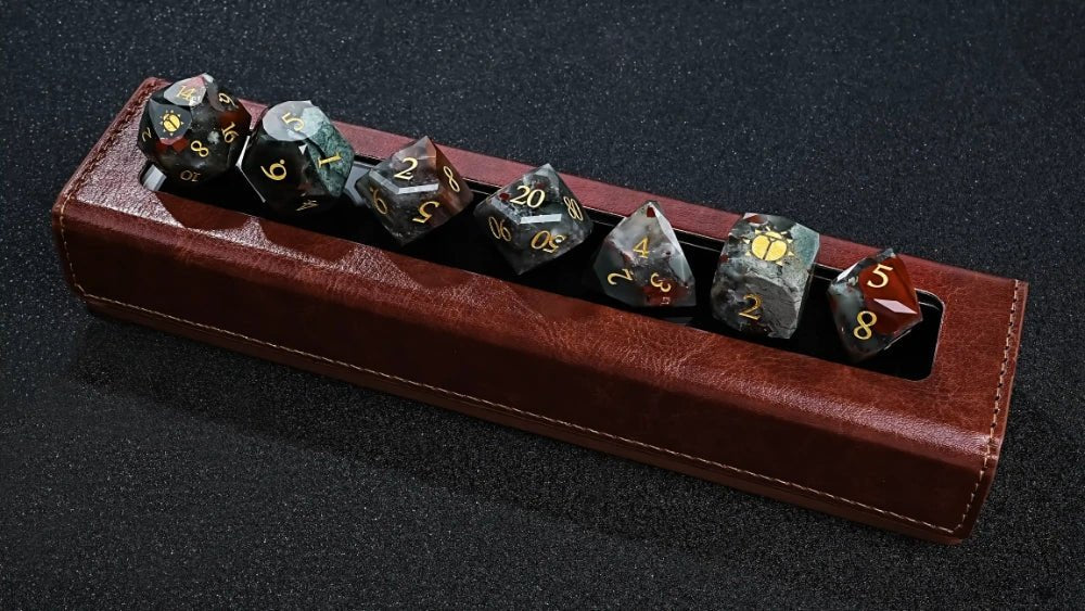 Kickstarter Dice - Natural Bloodstone DND Gemstone Dice Set - Khepri's Blessing - Bear Dice