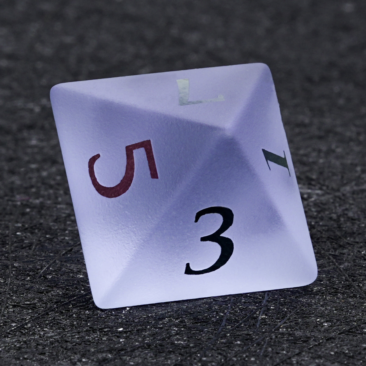 Lavender gemstone D8 die with multicolored numbers, showing triangular faces marked with 5 and 3