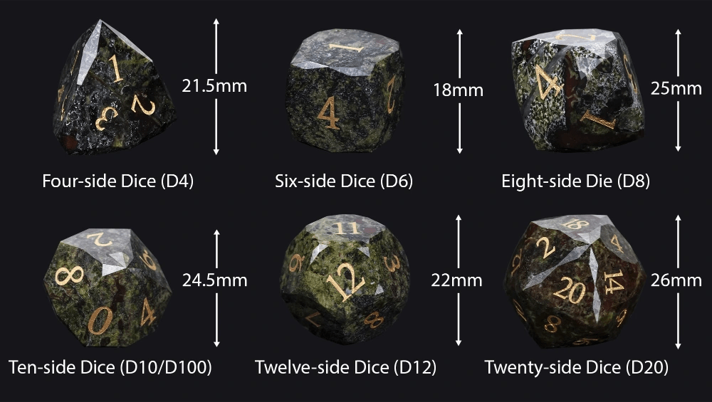 Natural Colored Ore Gemstone Dice Set | Diamond Cut Gold Engraving DND Board Game Dice - Bear Dice