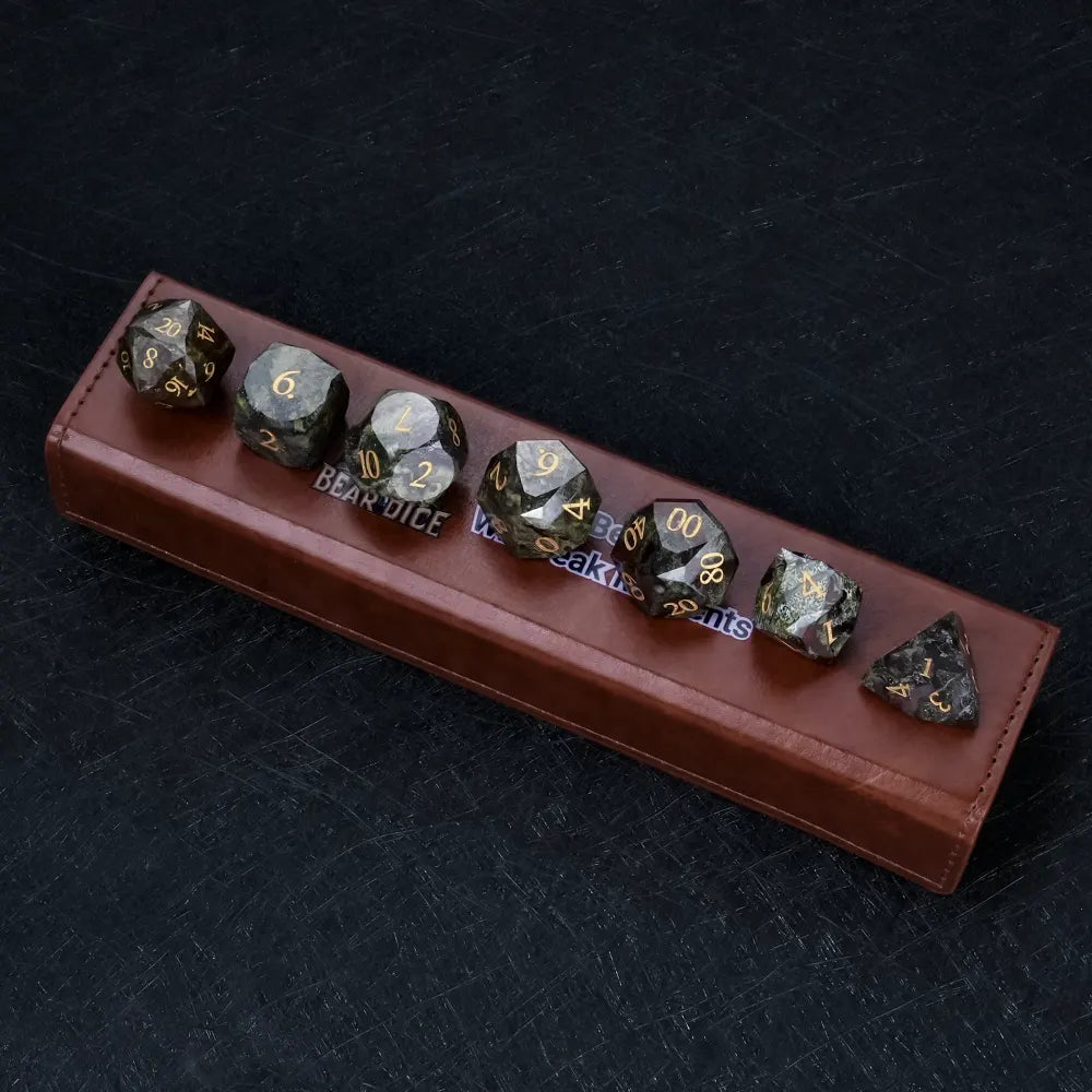 Natural Colored Ore Gemstone Dice Set | Diamond Cut Gold Engraving DND Board Game Dice - Bear Dice