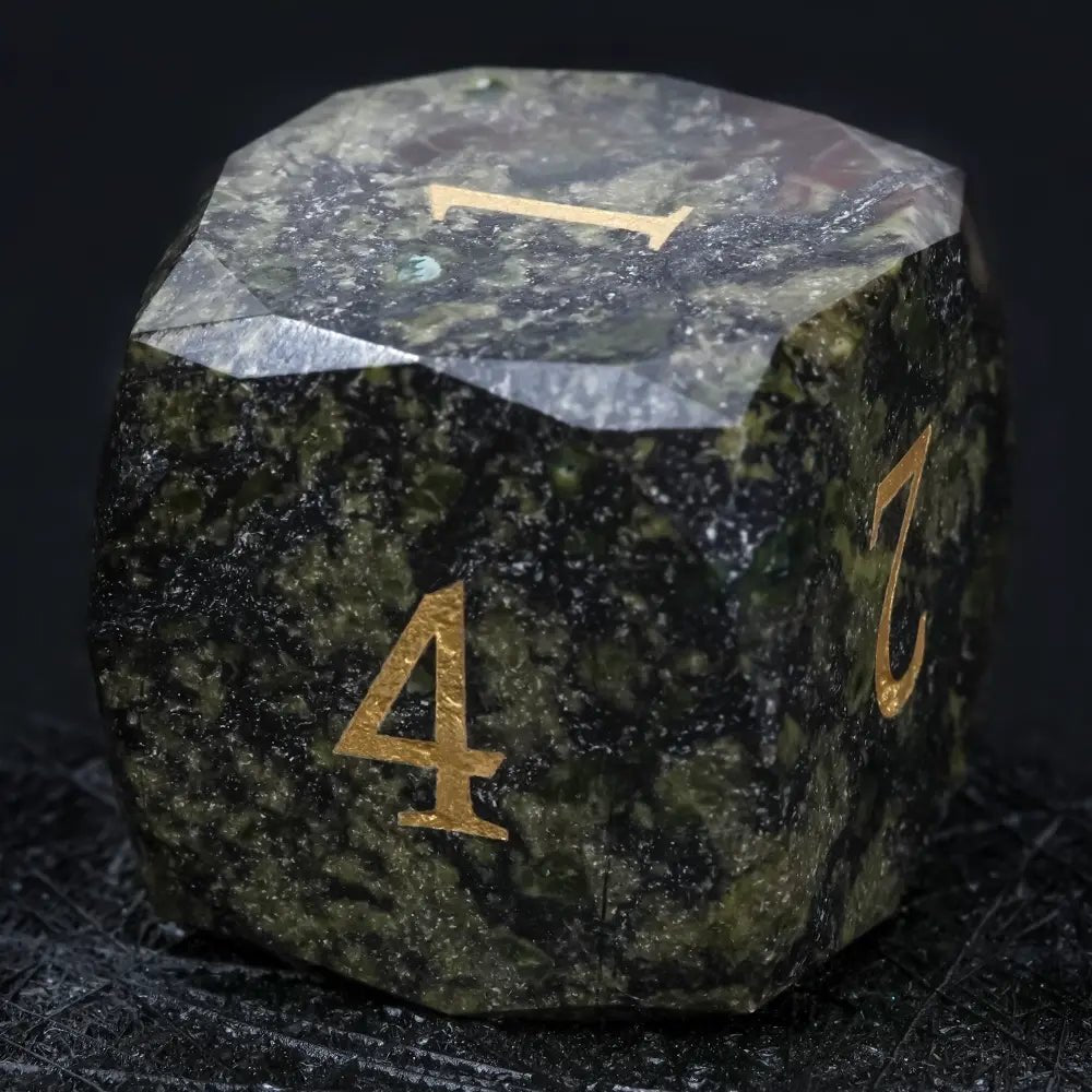 Natural Colored Ore Gemstone Dice Set | Diamond Cut Gold Engraving DND Board Game Dice - Bear Dice