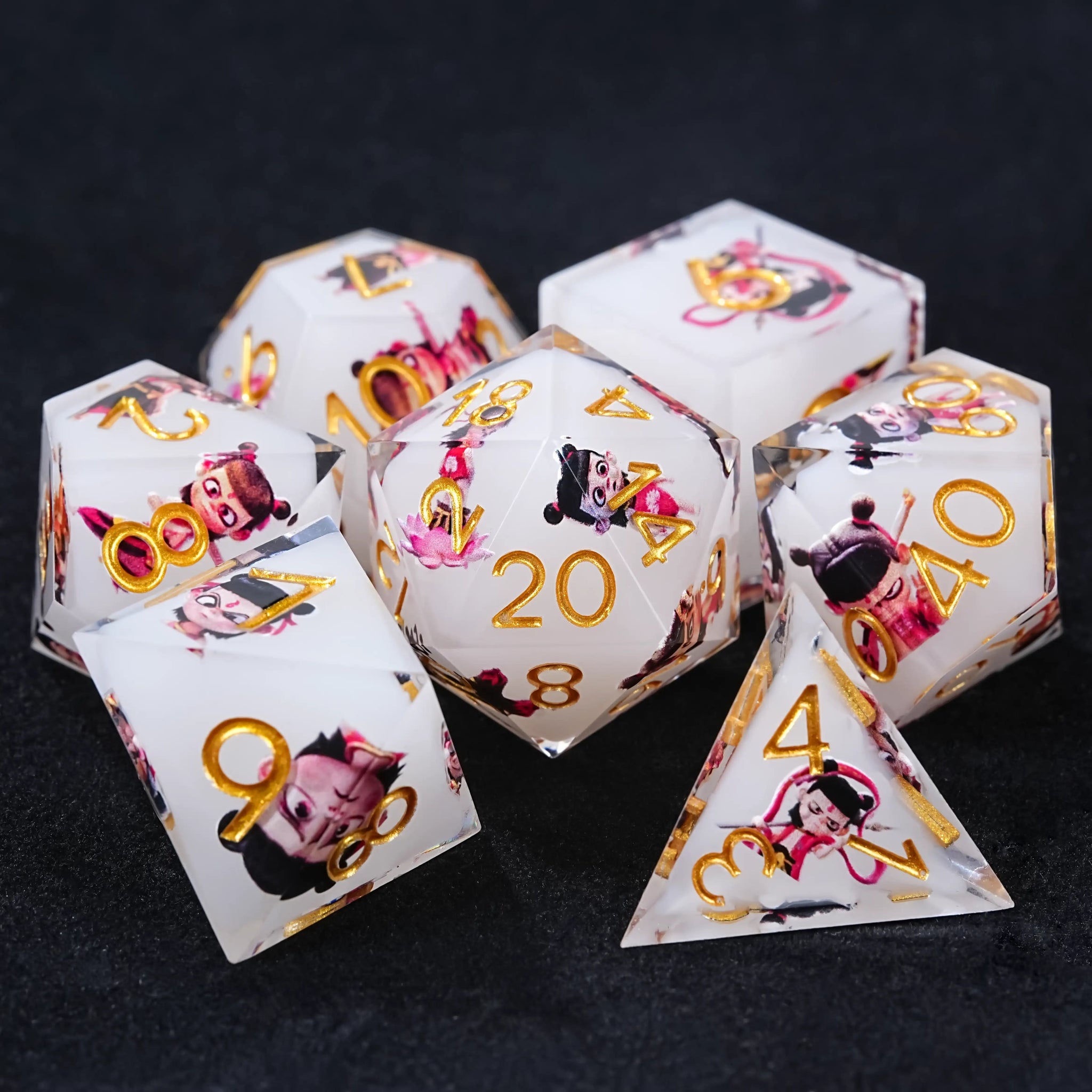 Nezha Themed White Resin Dice Set with Gold Numbers - Bear Dice