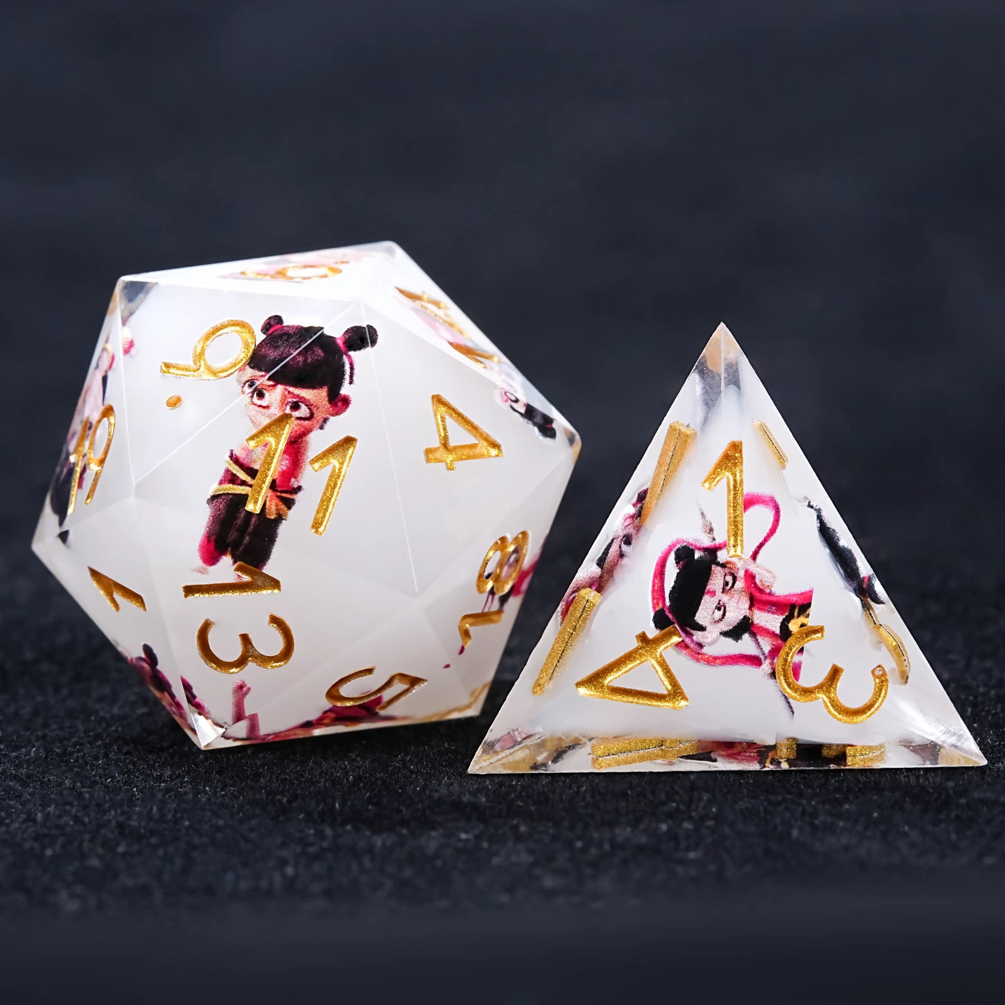 Nezha Themed White Resin Dice Set with Gold Numbers - Bear Dice