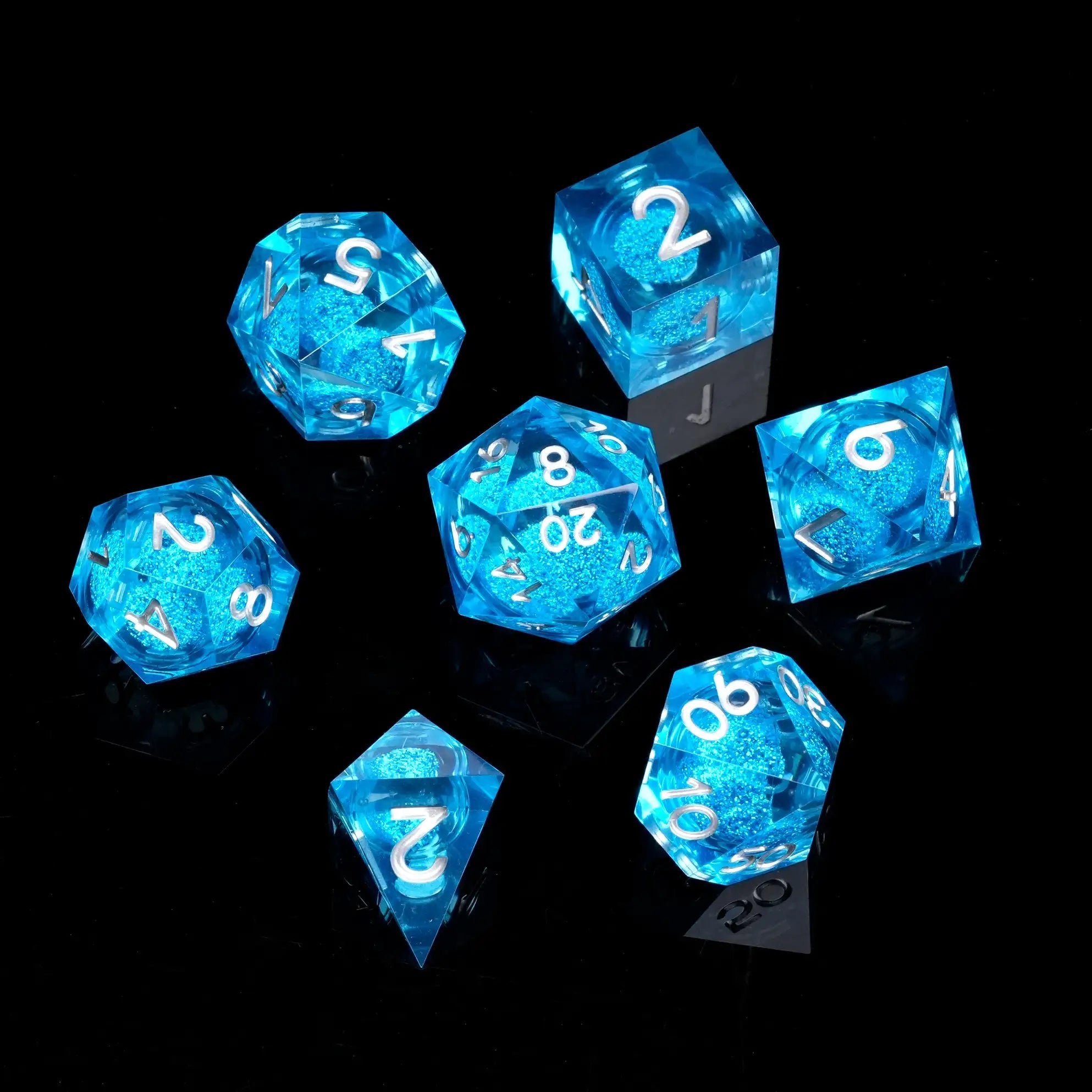 Ocean Theme - Liquid Core Resin DND Dice Set + Silver Font - Bear Dice