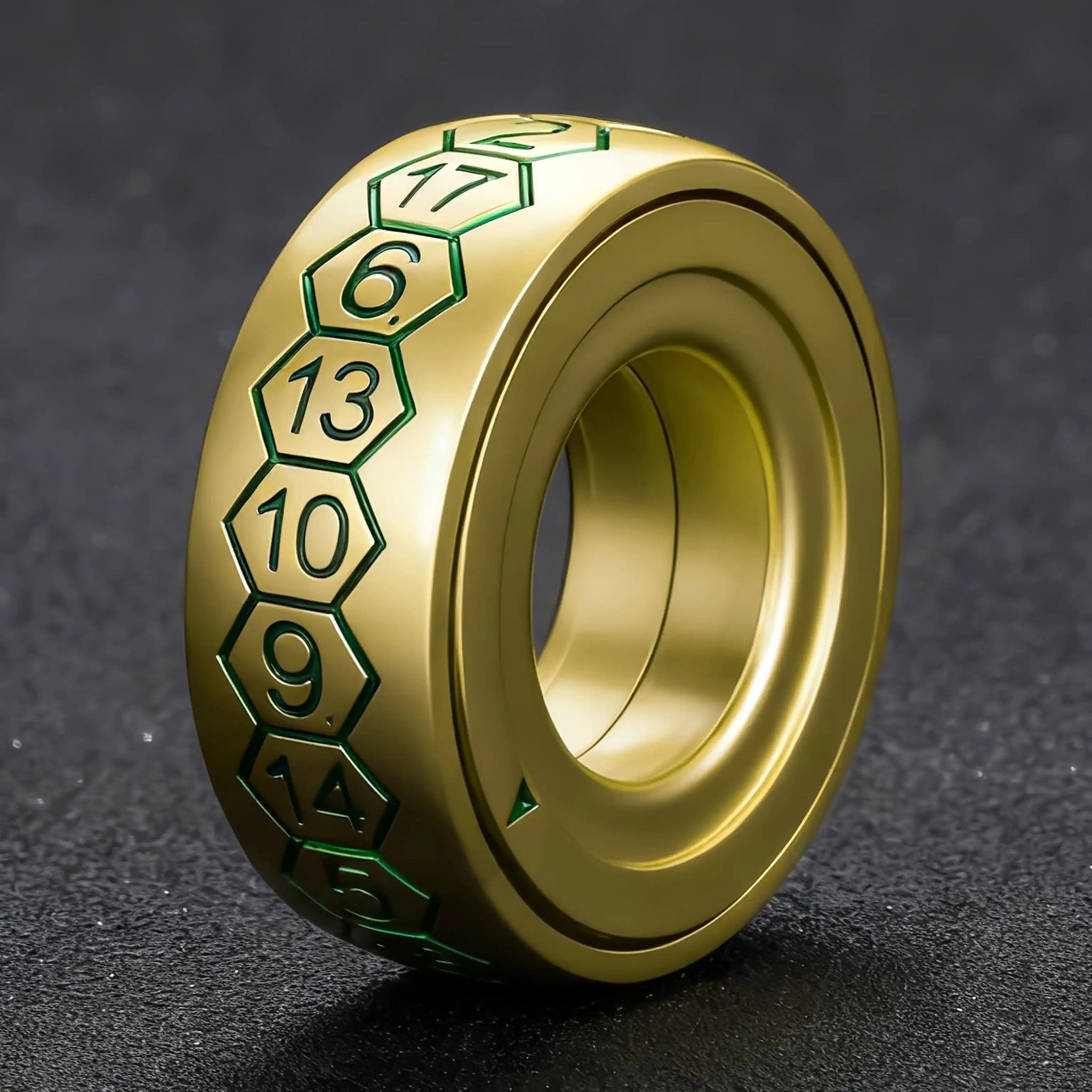 Cool gold-colored metal fingertip spinning D20 dice ring with green numbers, a green arrow in the middle layer pointing to the final reading | Bear Dice