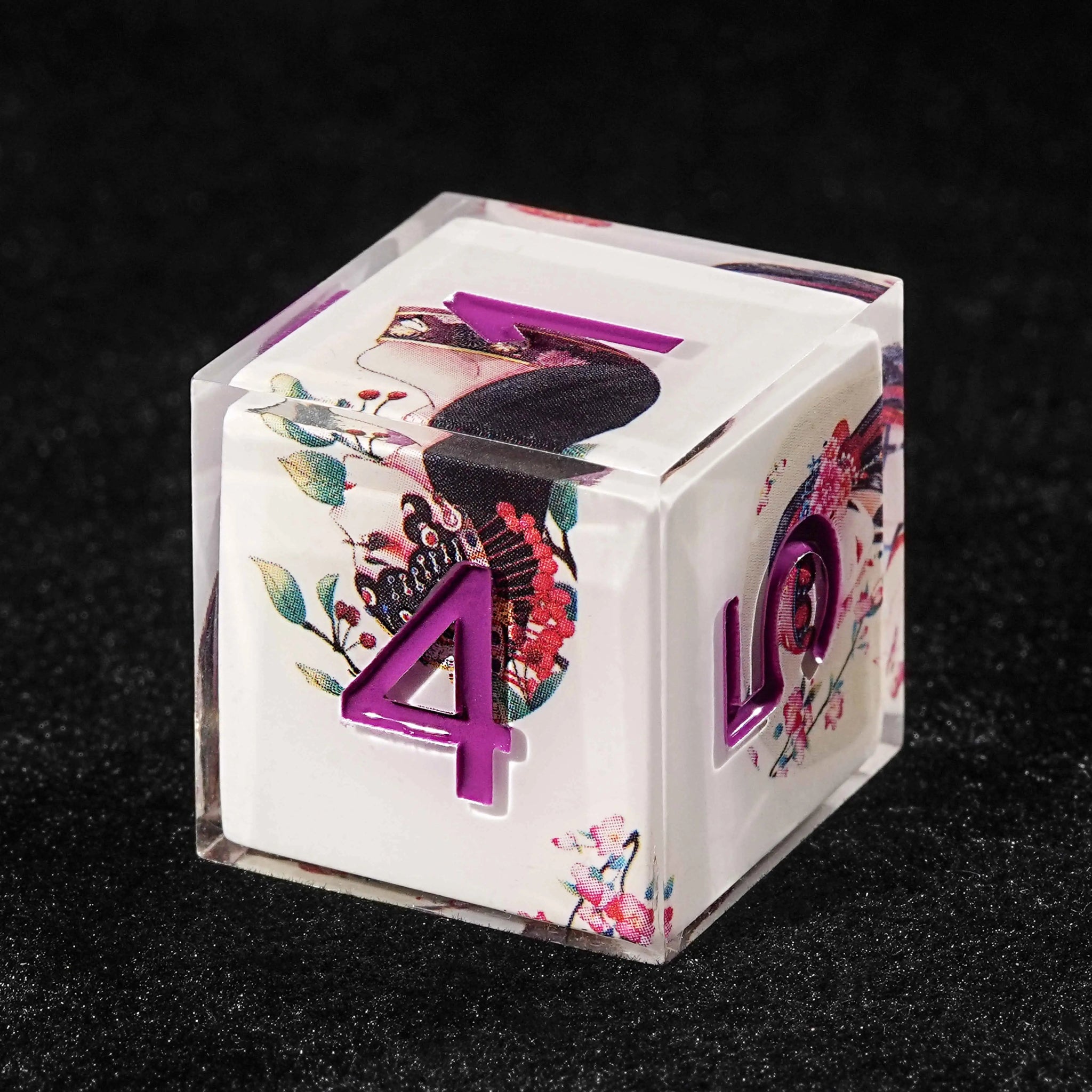 Oriental Culture - White Resin DND Dice Set + Purple Font - Bear Dice