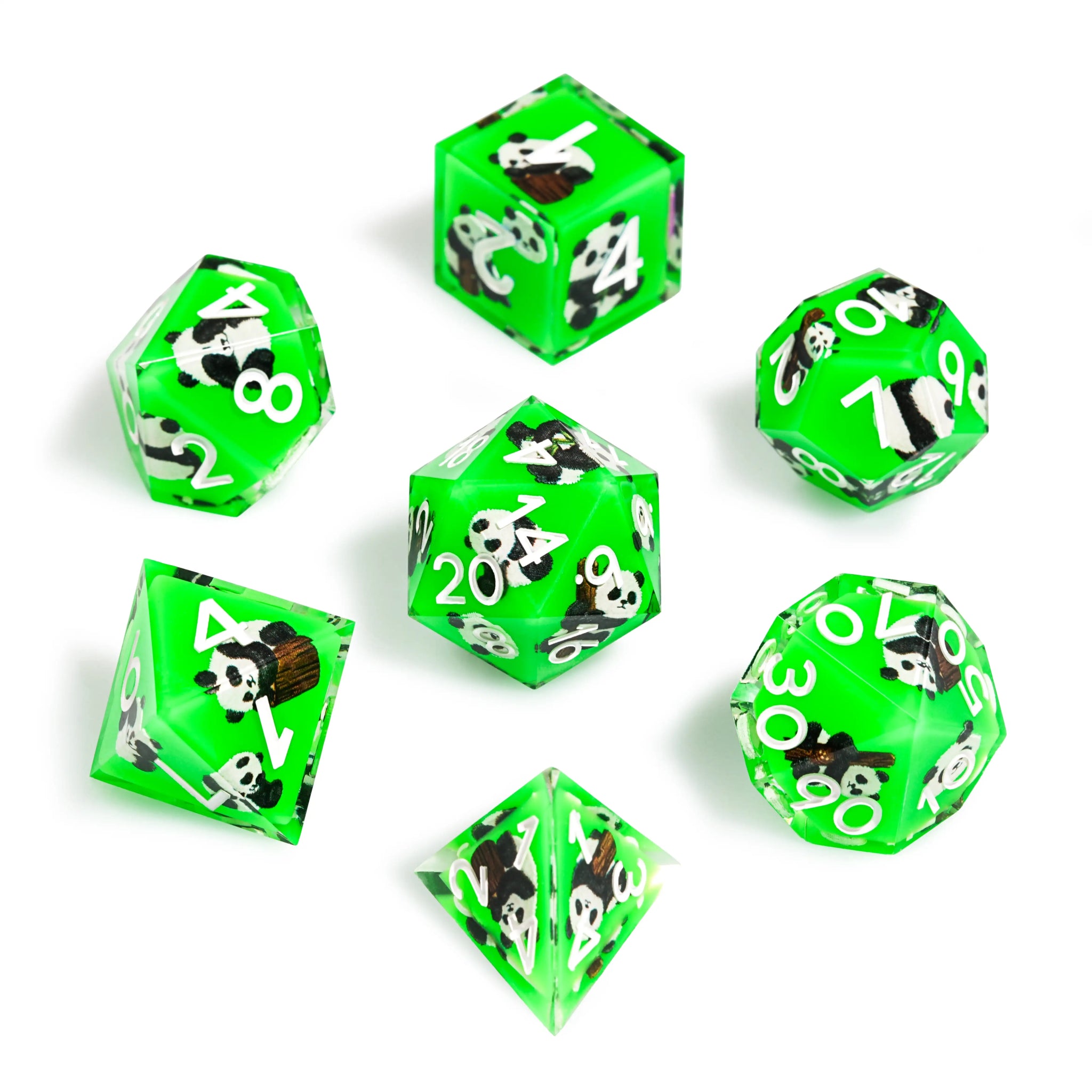 Panda Decal Green Resin DND Dice Set + White Font - Bear Dice