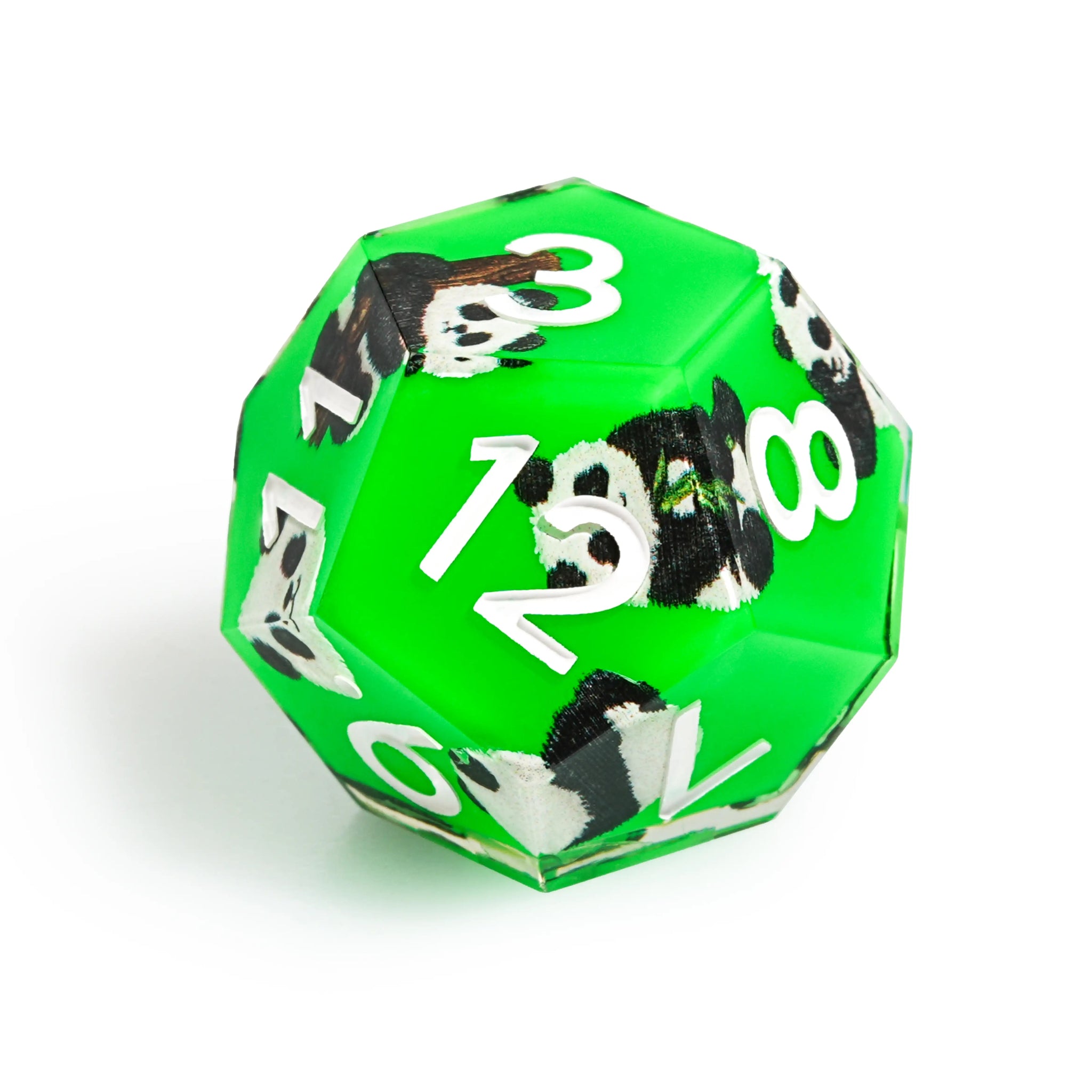 Panda Decal Green Resin DND Dice Set + White Font - Bear Dice