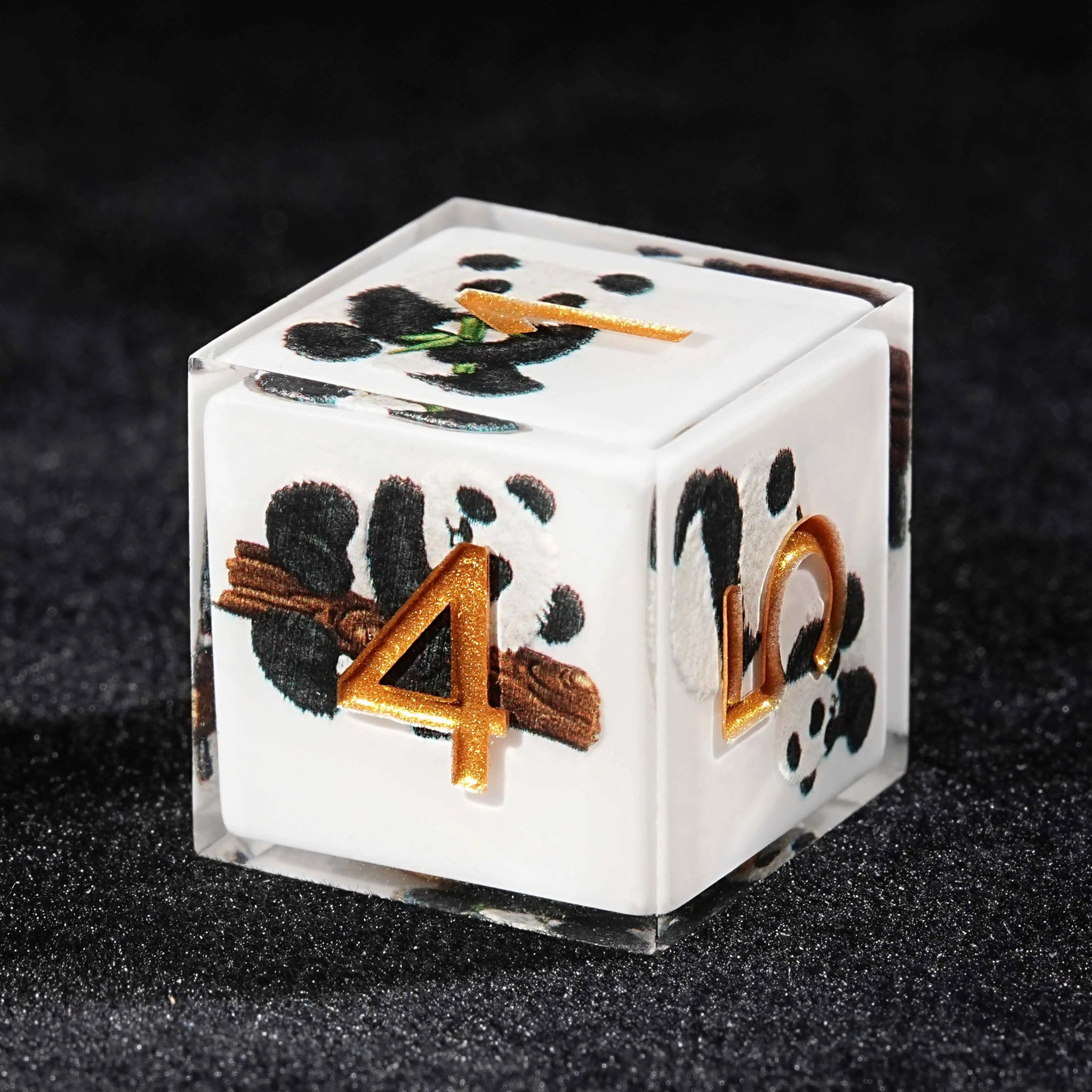 Panda Martial Monk - White Resin dnd Dice Set + Gold Font - Bear Dice