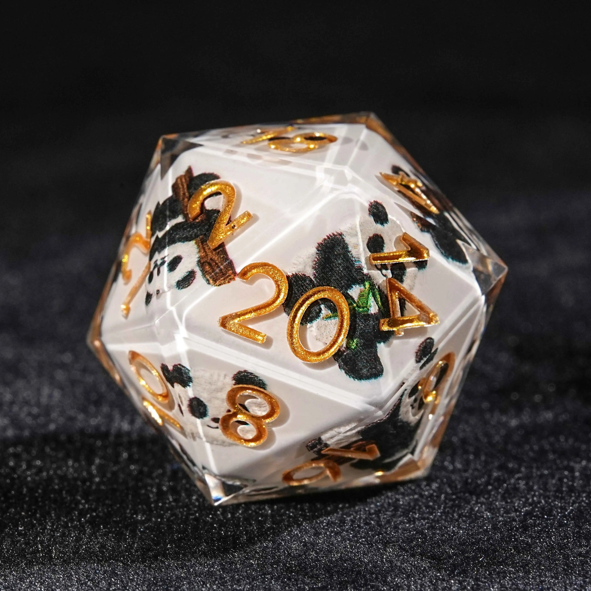 Panda Martial Monk - White Resin dnd Dice Set + Gold Font - Bear Dice