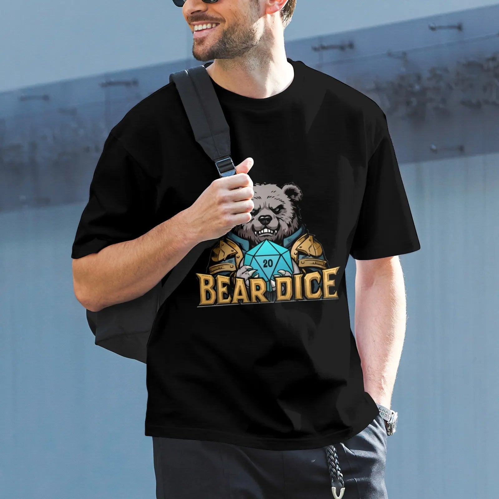 Personalized cotton American - style black short - sleeved T-shirt with Bear Dice logo - Bear Dice