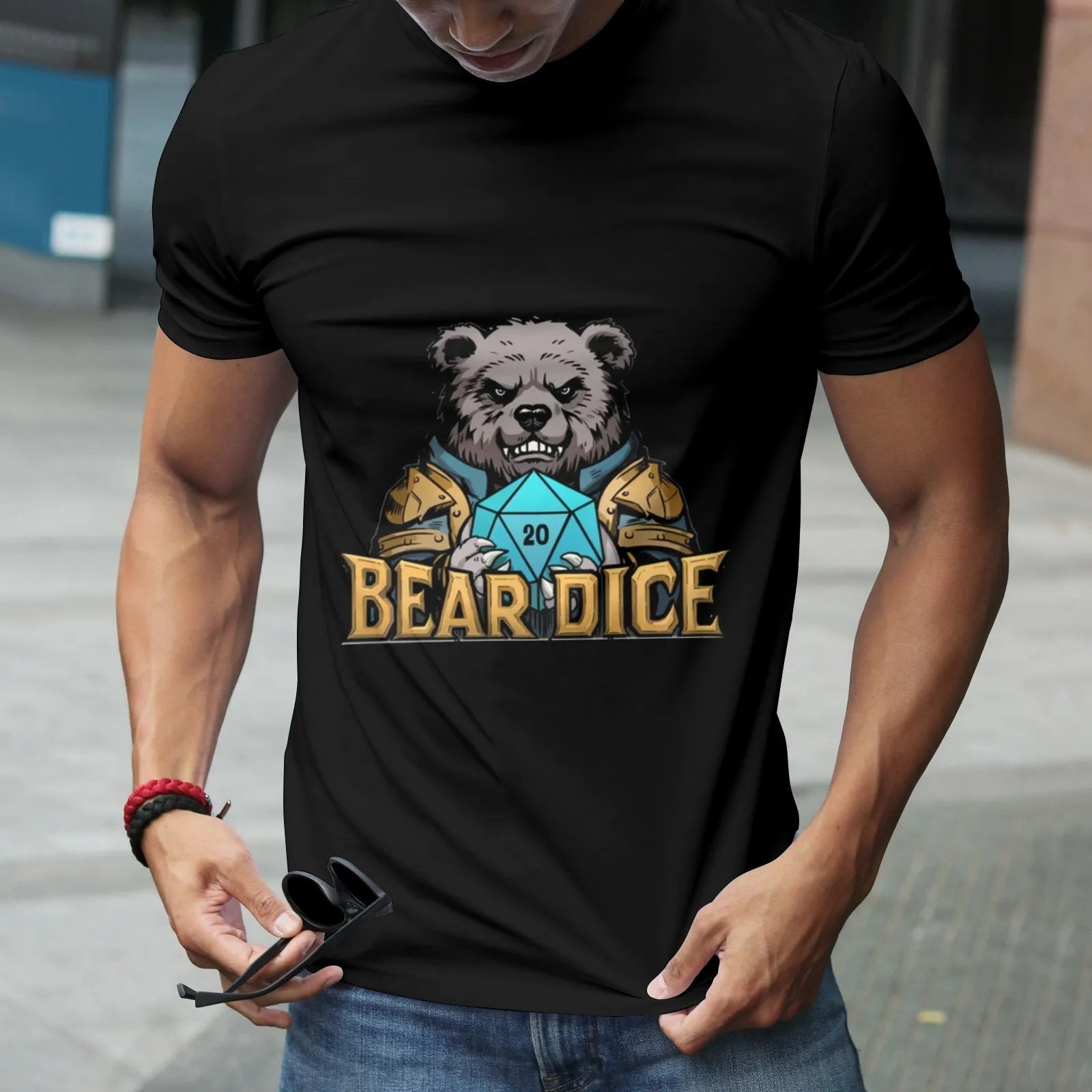 Personalized cotton American - style black short - sleeved T-shirt with Bear Dice logo - Bear Dice