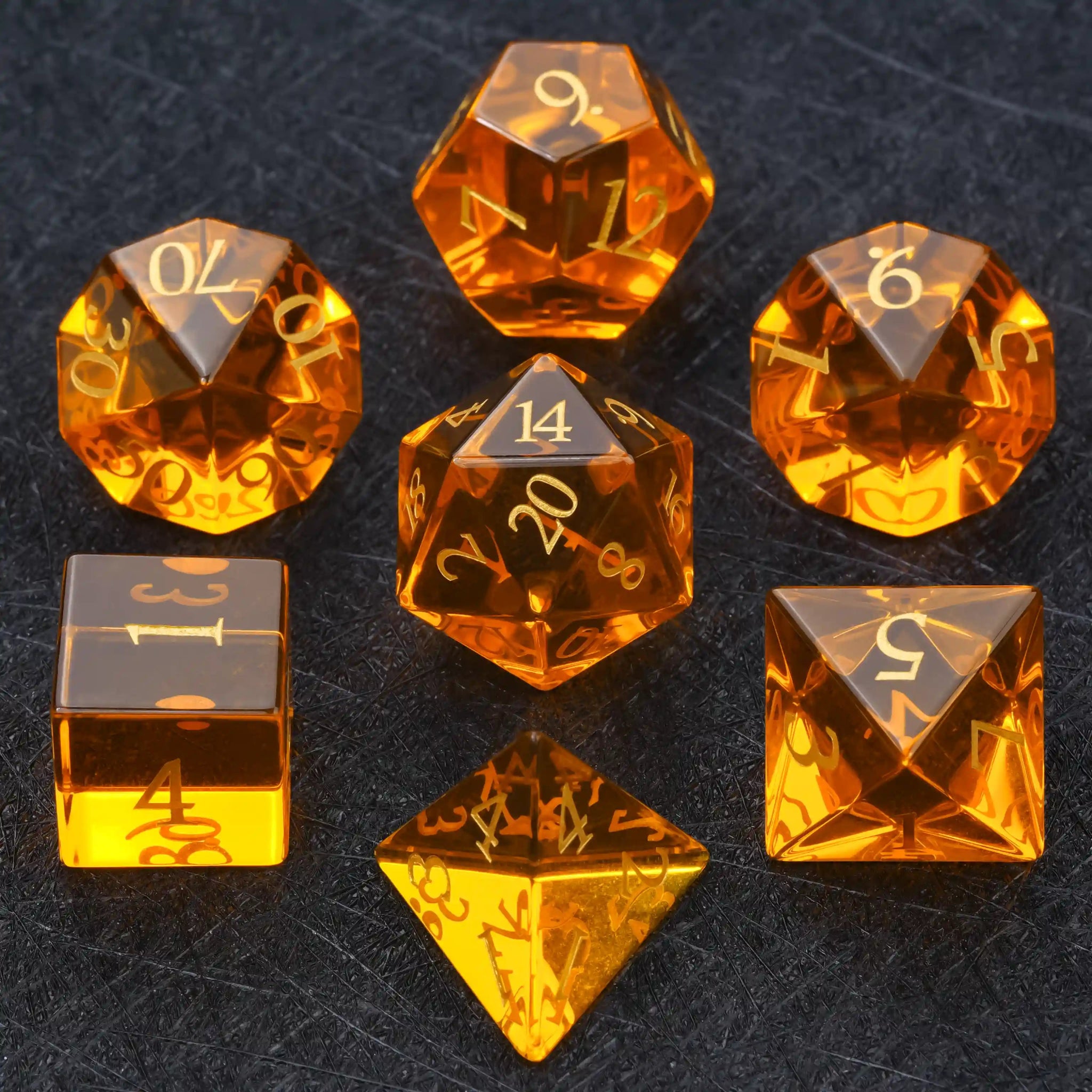 Polyhedral Orange Glass Gemstone Dice Set - Bear Dice