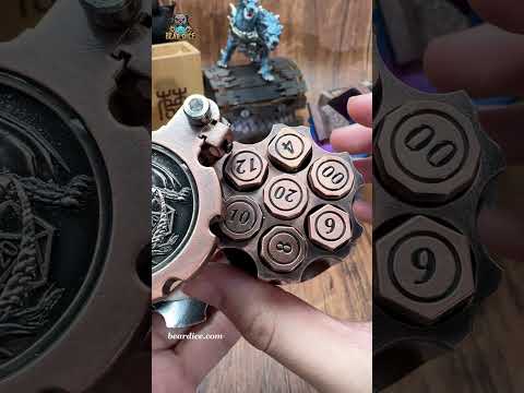 A D&D expert showcases a unique D&D revolver dice set in a video: a bronze revolver dice rotating magazine containing seven bronze D&D bullet dice | Bear Dice
