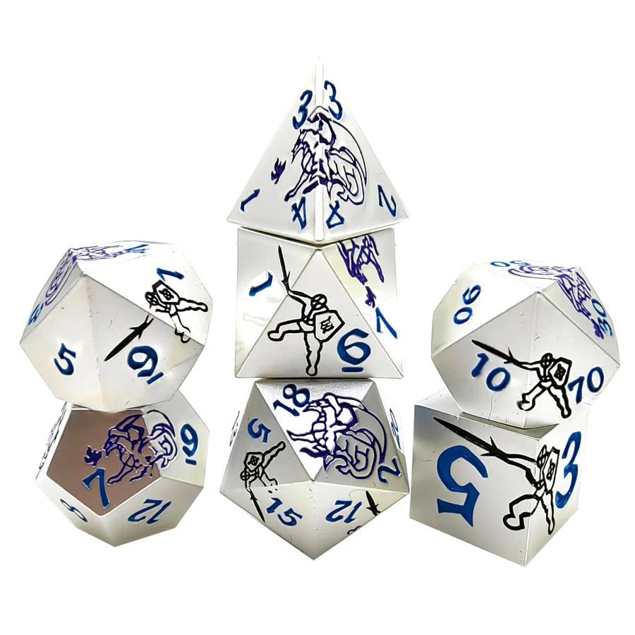 Purple Dragon and Black Warrior White Metal Solid DND Dice Set + Blue Font - Bear Dice