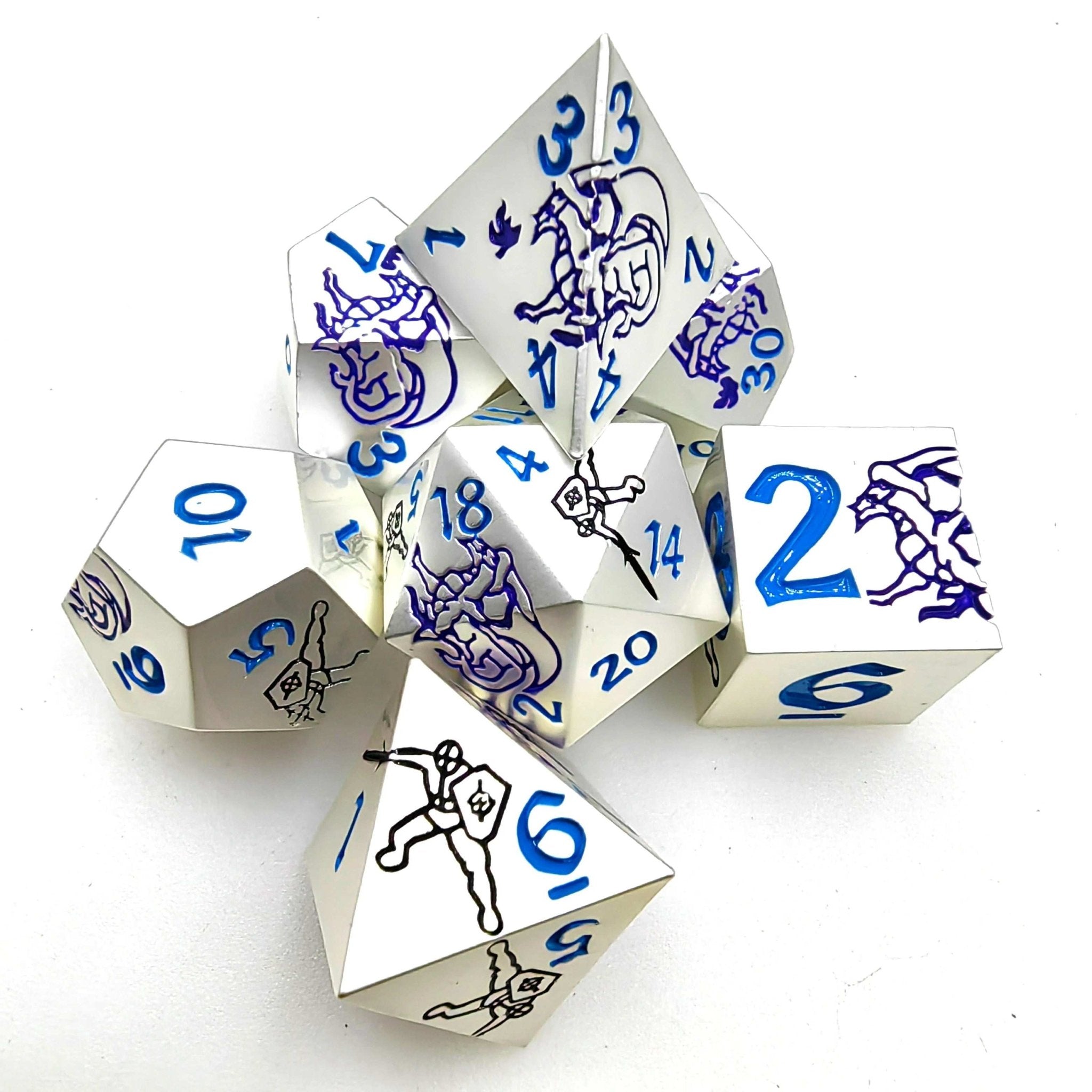 Purple Dragon and Black Warrior White Metal Solid DND Dice Set + Blue Font - Bear Dice