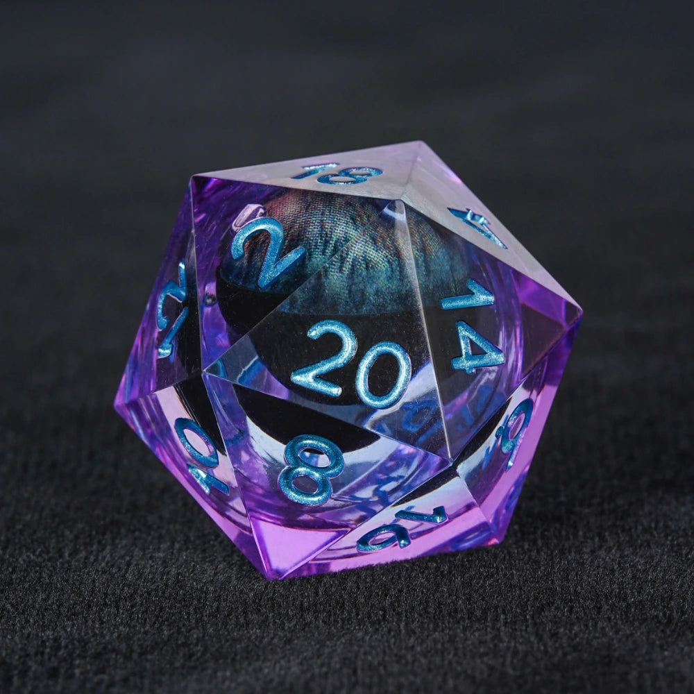 Purple transparent resin liquid core dragon eye DND dice set + Blue Font - Bear Dice