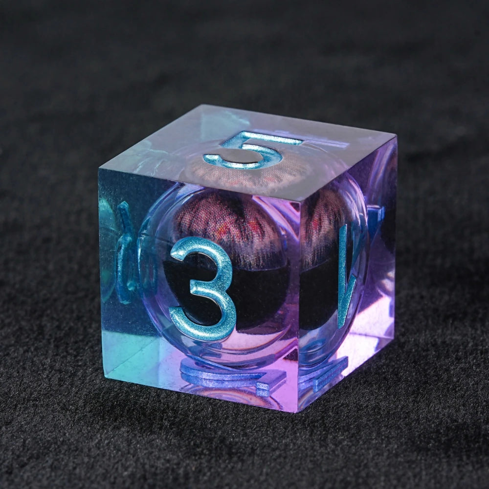 Purple transparent resin liquid core dragon eye DND dice set + Blue Font - Bear Dice